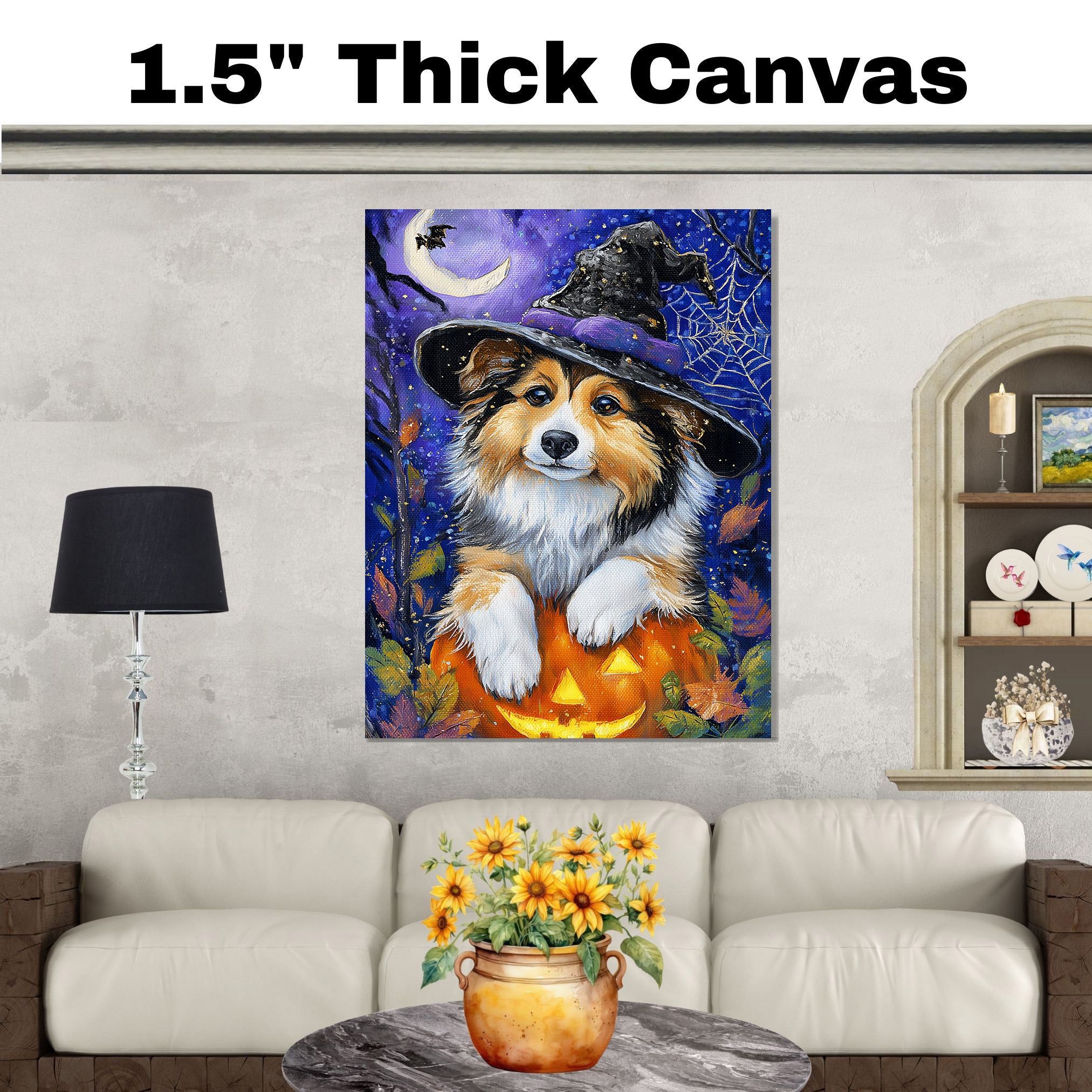 Shetland Sheepdog Haunted Moon Poster Pictures for Room Wall Décor Canvas Art Prints for Bedroom Décor on Ready to Hang 1.5" Thick Canvas Wrap, Floating Framed Canvas, Flat Rolled Canvas