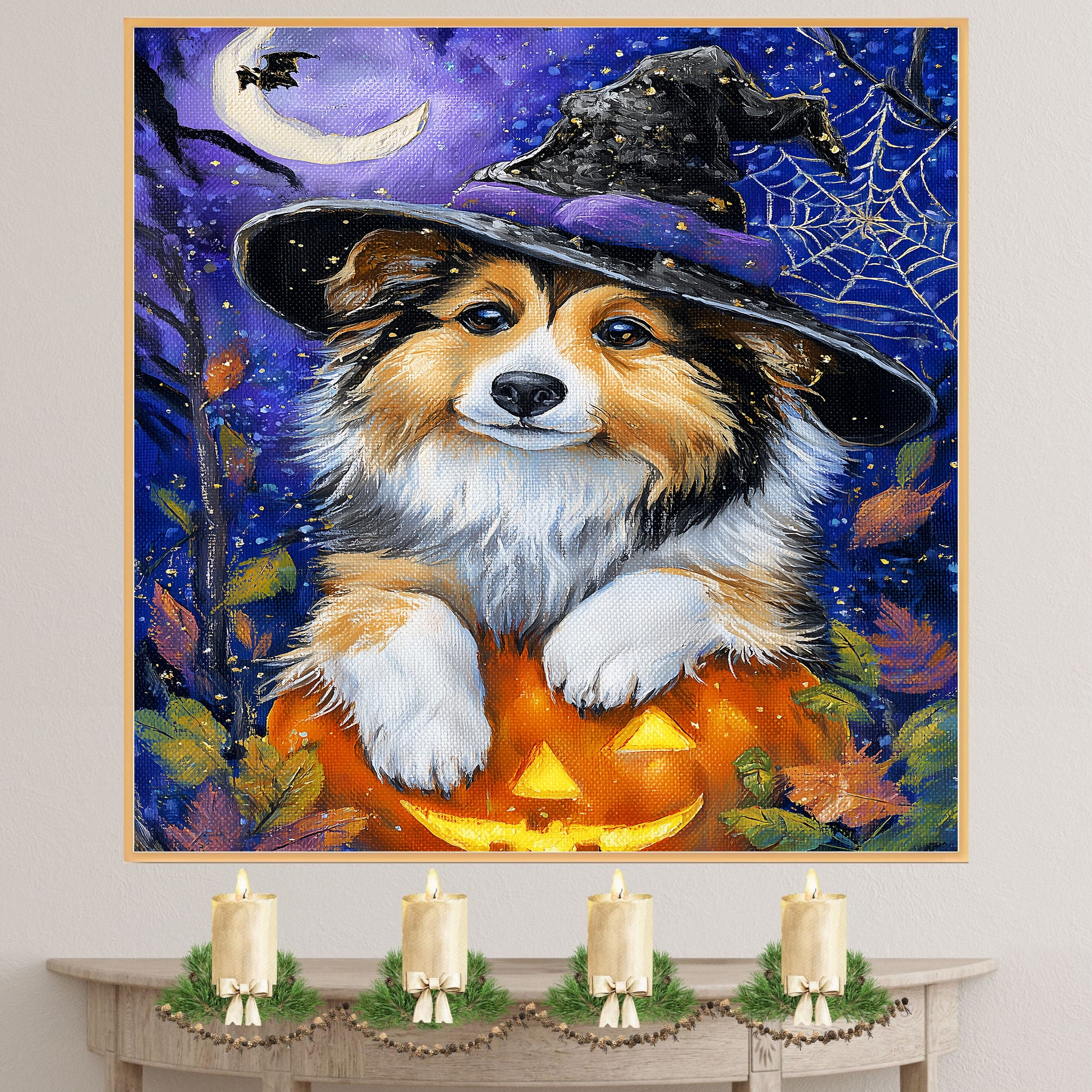 Shetland Sheepdog Haunted Moon Poster Pictures for Room Wall Décor Canvas Art Prints for Bedroom Décor on Ready to Hang 1.5" Thick Canvas Wrap, Floating Framed Canvas, Flat Rolled Canvas