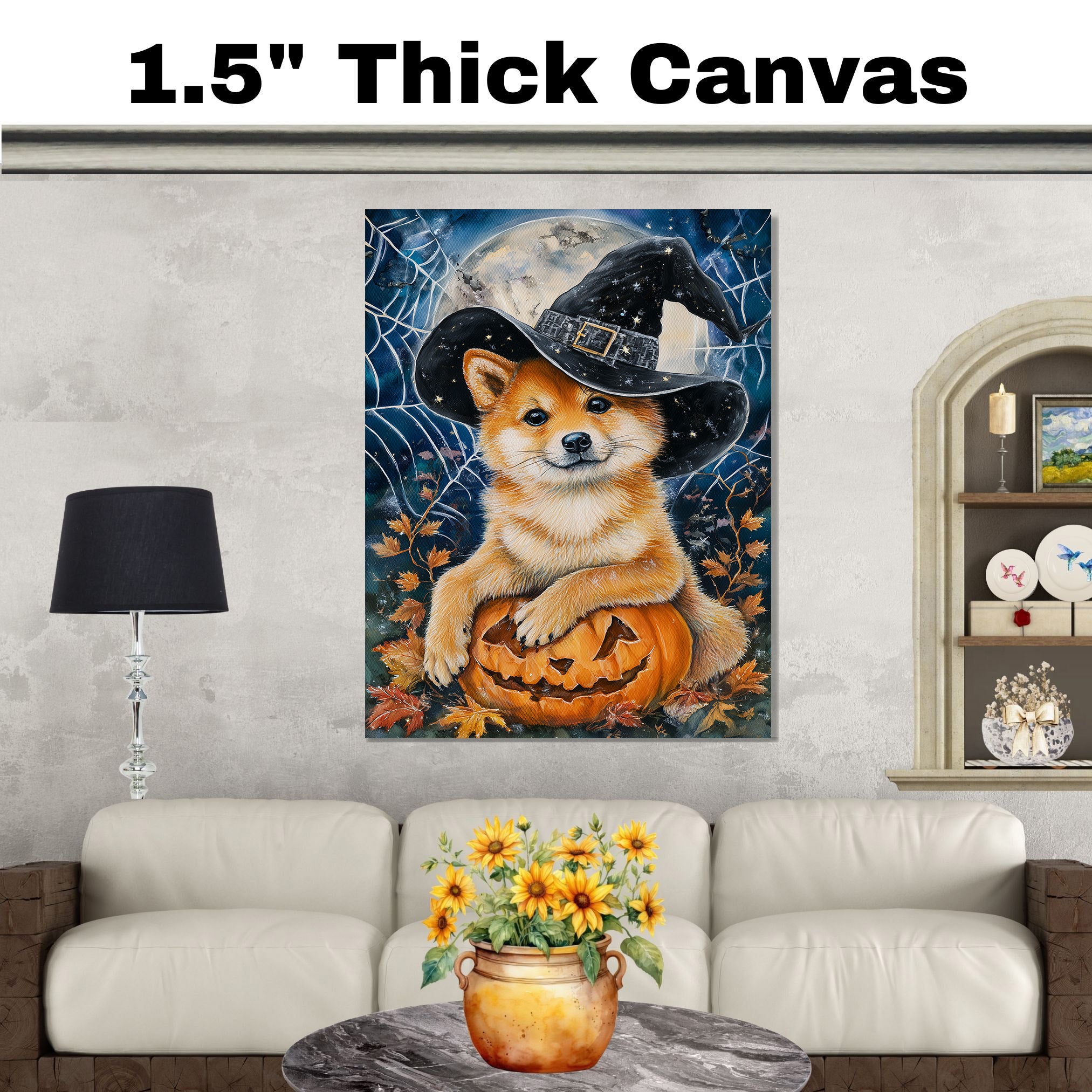 Shiba Inu Dog Forest Canvas Art Prints for Bedroom Decor for Halloween Haunted Poster Gifts on Ready to Hang 1.5" Thick Canvas Wrap, Floating Framed Canvas, Flat Rolled Canvas