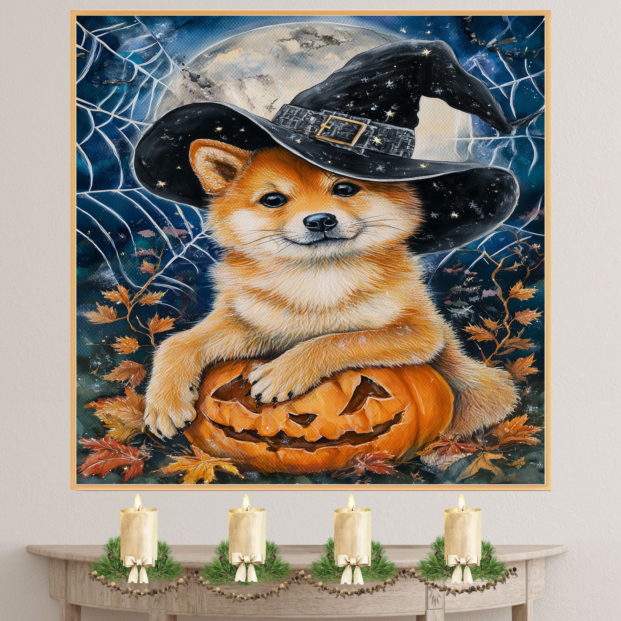 Shiba Inu Dog Forest Canvas Art Prints for Bedroom Decor for Halloween Haunted Poster Gifts on Ready to Hang 1.5" Thick Canvas Wrap, Floating Framed Canvas, Flat Rolled Canvas