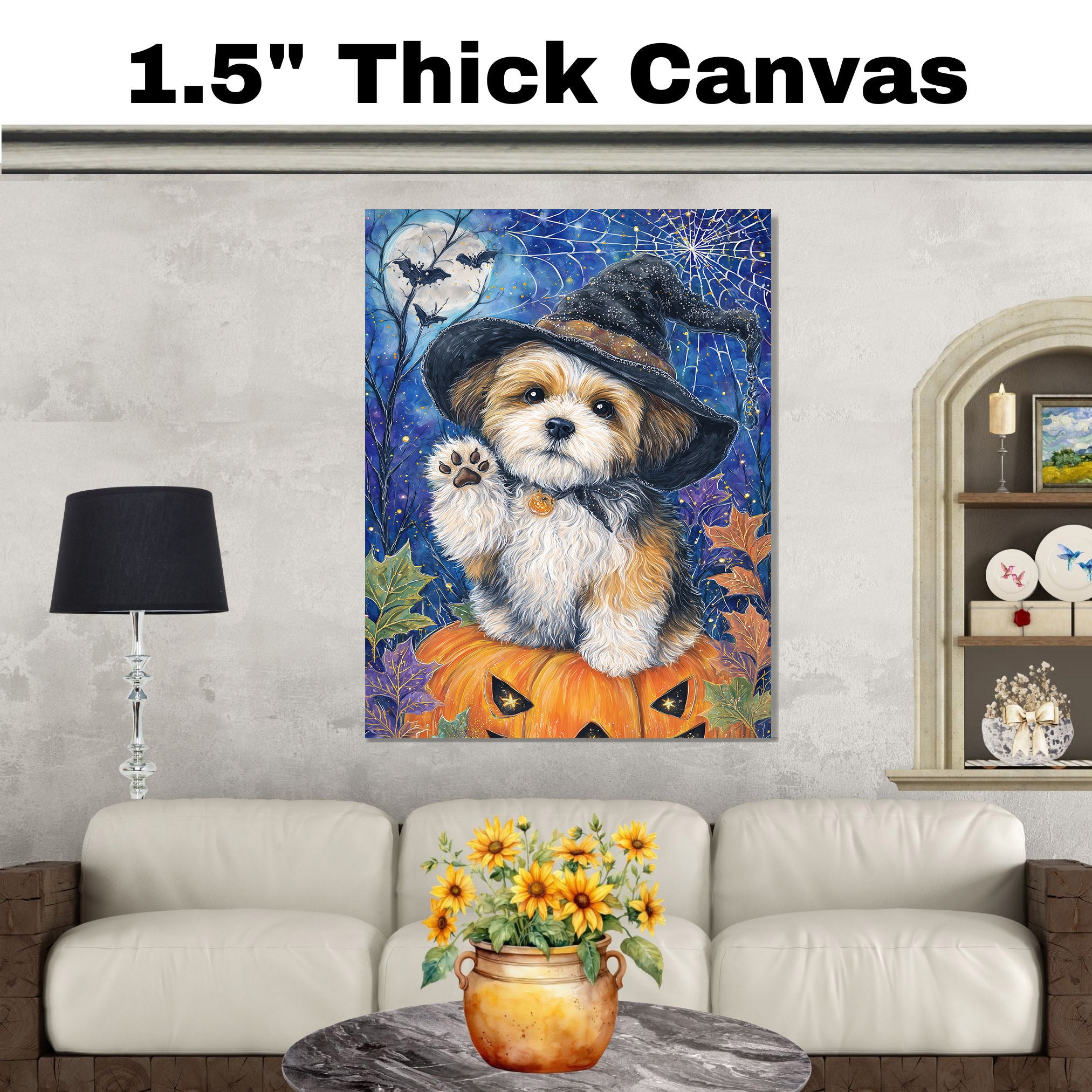 Shih Tzu Dog Spooky Bat Painting Framed Artwork for Halloween Witch Room Wall Décor for Farmhouse on Ready to Hang 1.5" Thick Canvas Wrap, Floating Framed Canvas, Flat Rolled Canvas