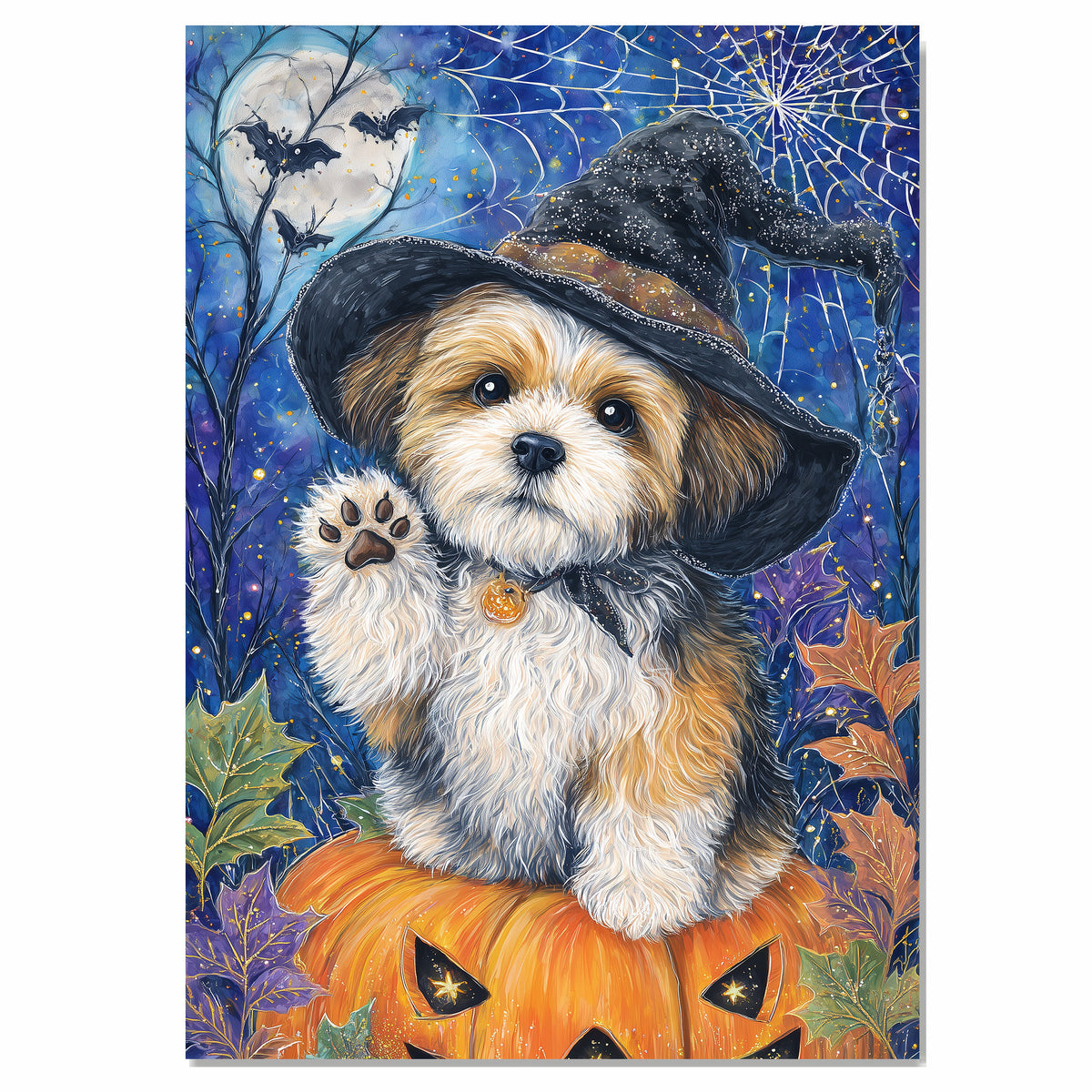 Shih Tzu Dog Spooky Bat Painting Framed Artwork for Halloween Witch Room Wall Décor for Farmhouse on Ready to Hang 1.5" Thick Canvas Wrap, Floating Framed Canvas, Flat Rolled Canvas