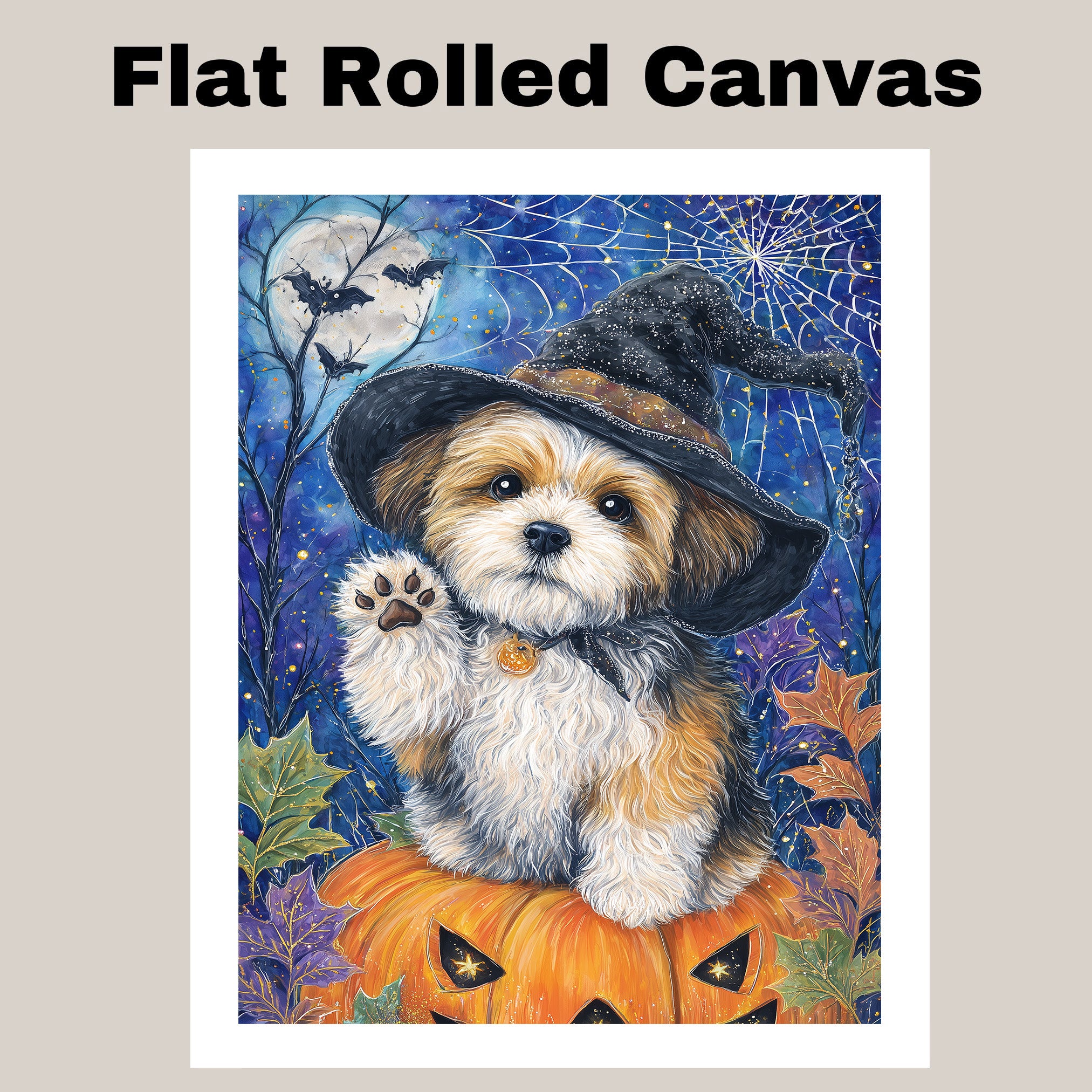 Shih Tzu Dog Spooky Bat Painting Framed Artwork for Halloween Witch Room Wall Décor for Farmhouse on Ready to Hang 1.5" Thick Canvas Wrap, Floating Framed Canvas, Flat Rolled Canvas