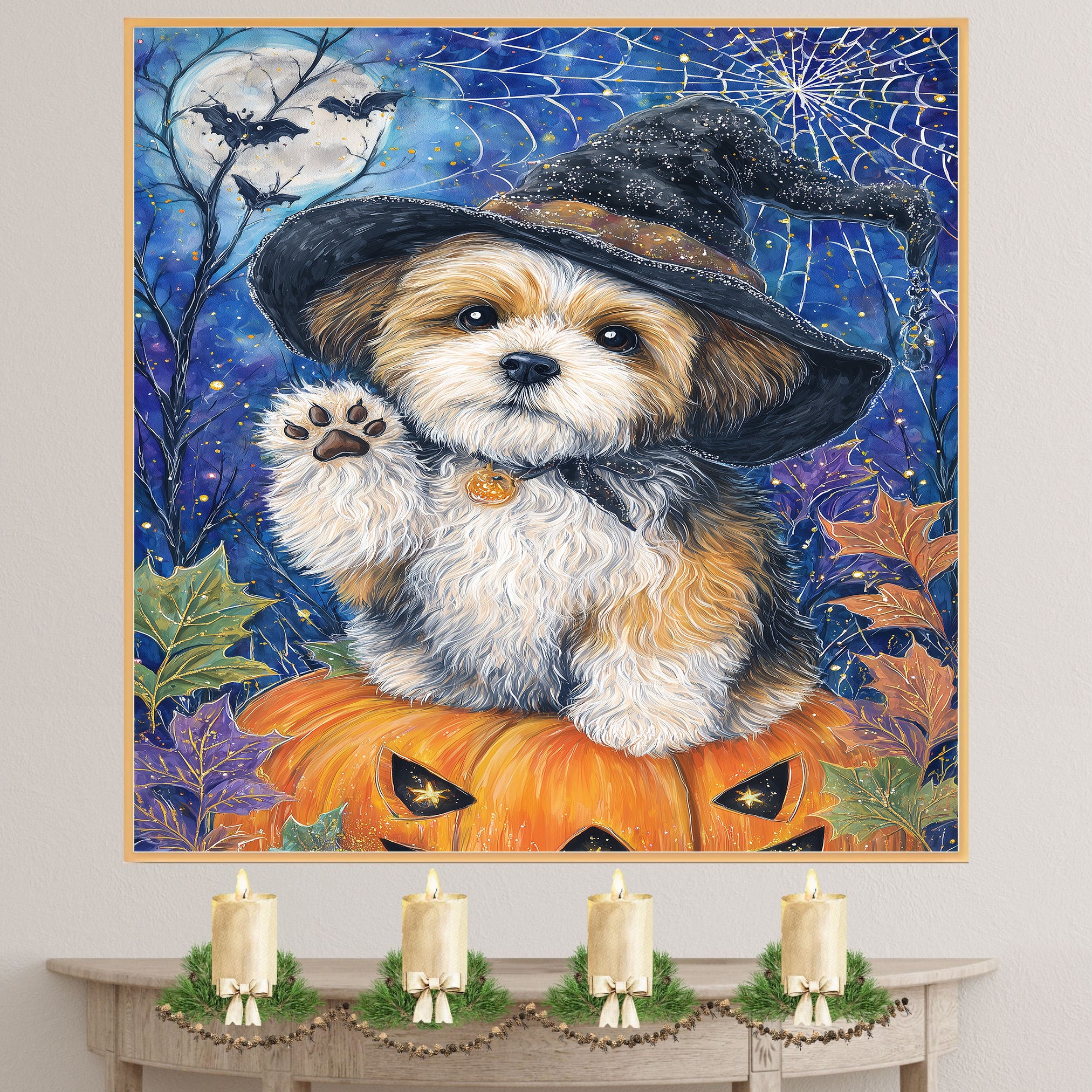 Shih Tzu Dog Spooky Bat Painting Framed Artwork for Halloween Witch Room Wall Décor for Farmhouse on Ready to Hang 1.5" Thick Canvas Wrap, Floating Framed Canvas, Flat Rolled Canvas