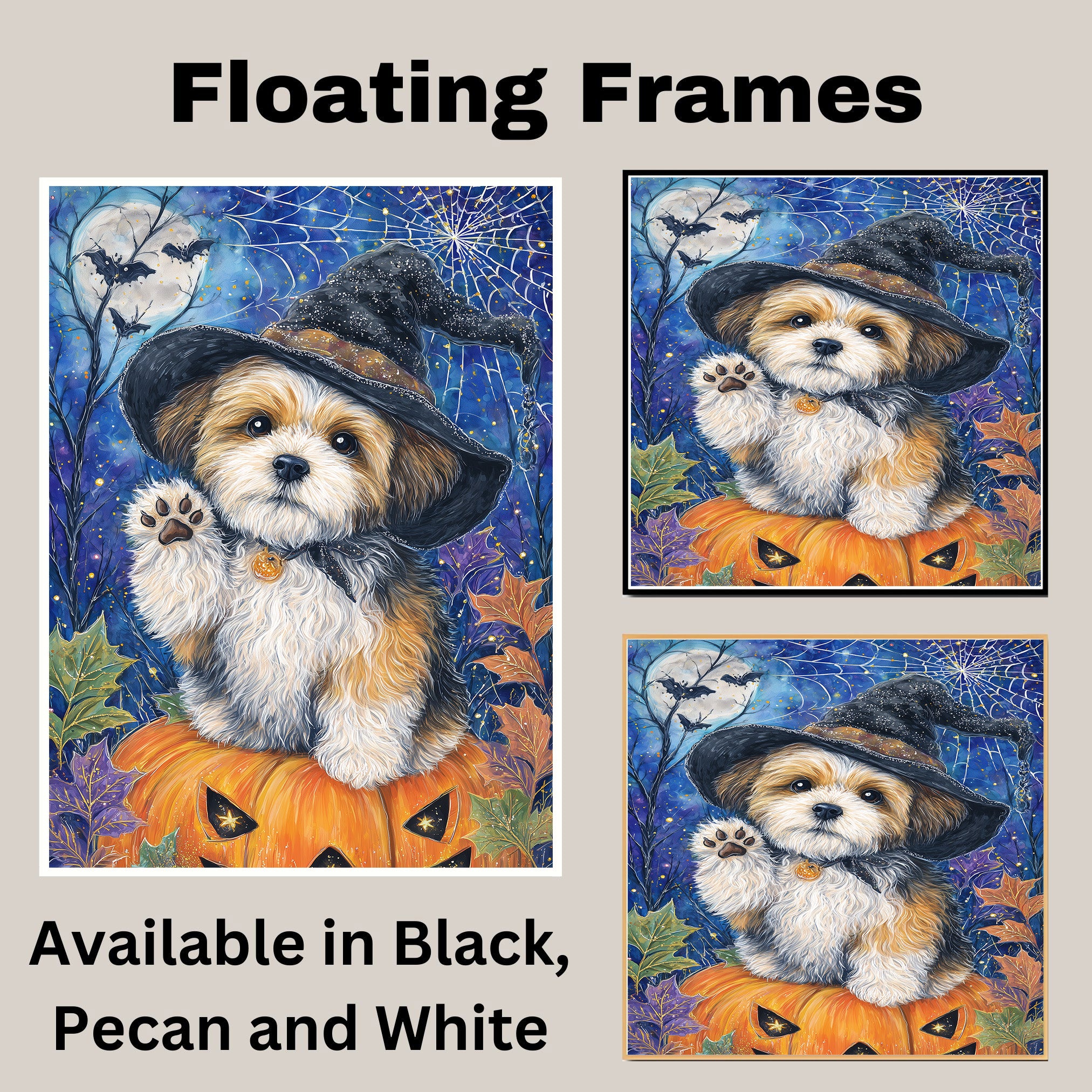 Shih Tzu Dog Spooky Bat Painting Framed Artwork for Halloween Witch Room Wall Décor for Farmhouse on Ready to Hang 1.5" Thick Canvas Wrap, Floating Framed Canvas, Flat Rolled Canvas