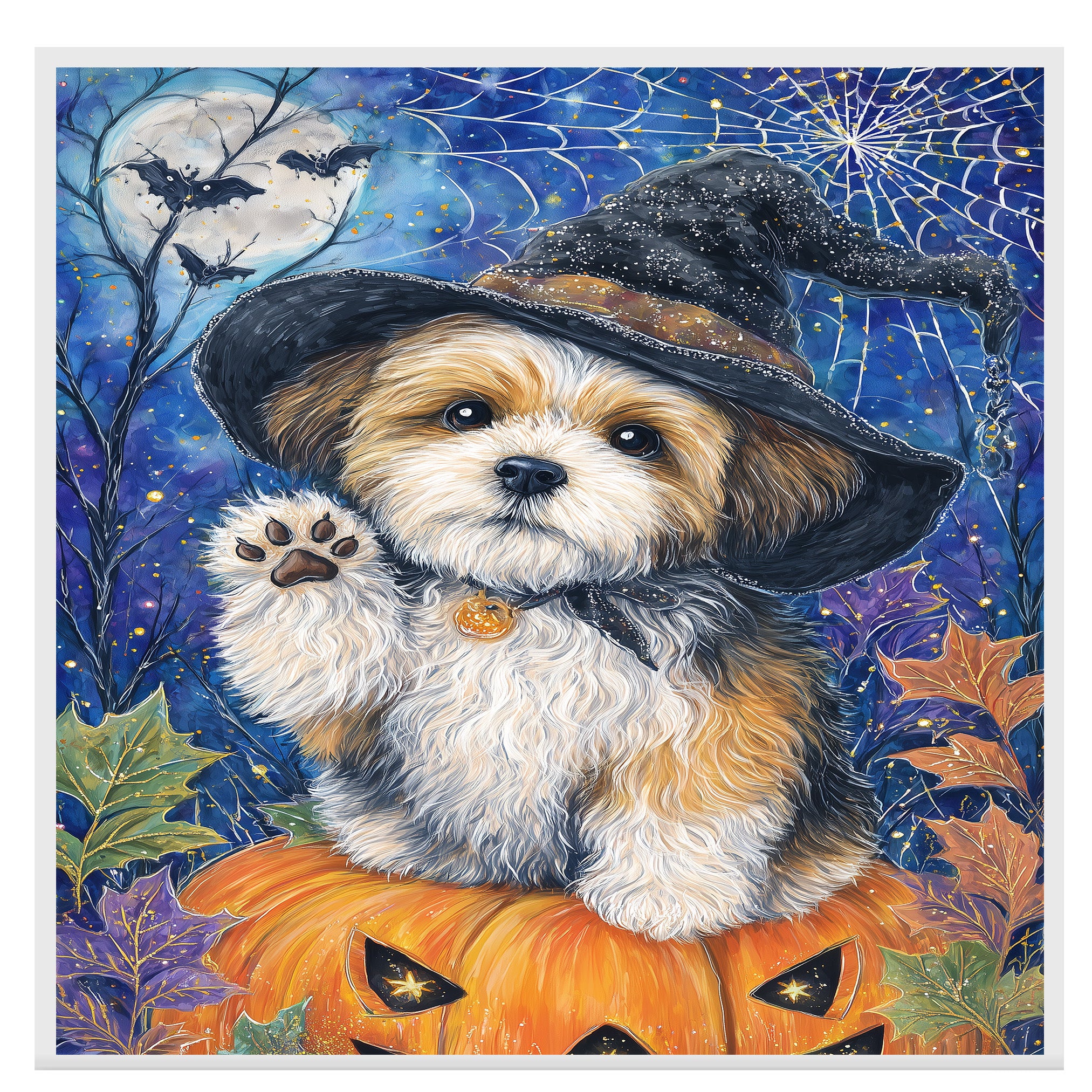 Shih Tzu Dog Spooky Bat Painting Framed Artwork for Halloween Witch Room Wall Décor for Farmhouse on Ready to Hang 1.5" Thick Canvas Wrap, Floating Framed Canvas, Flat Rolled Canvas
