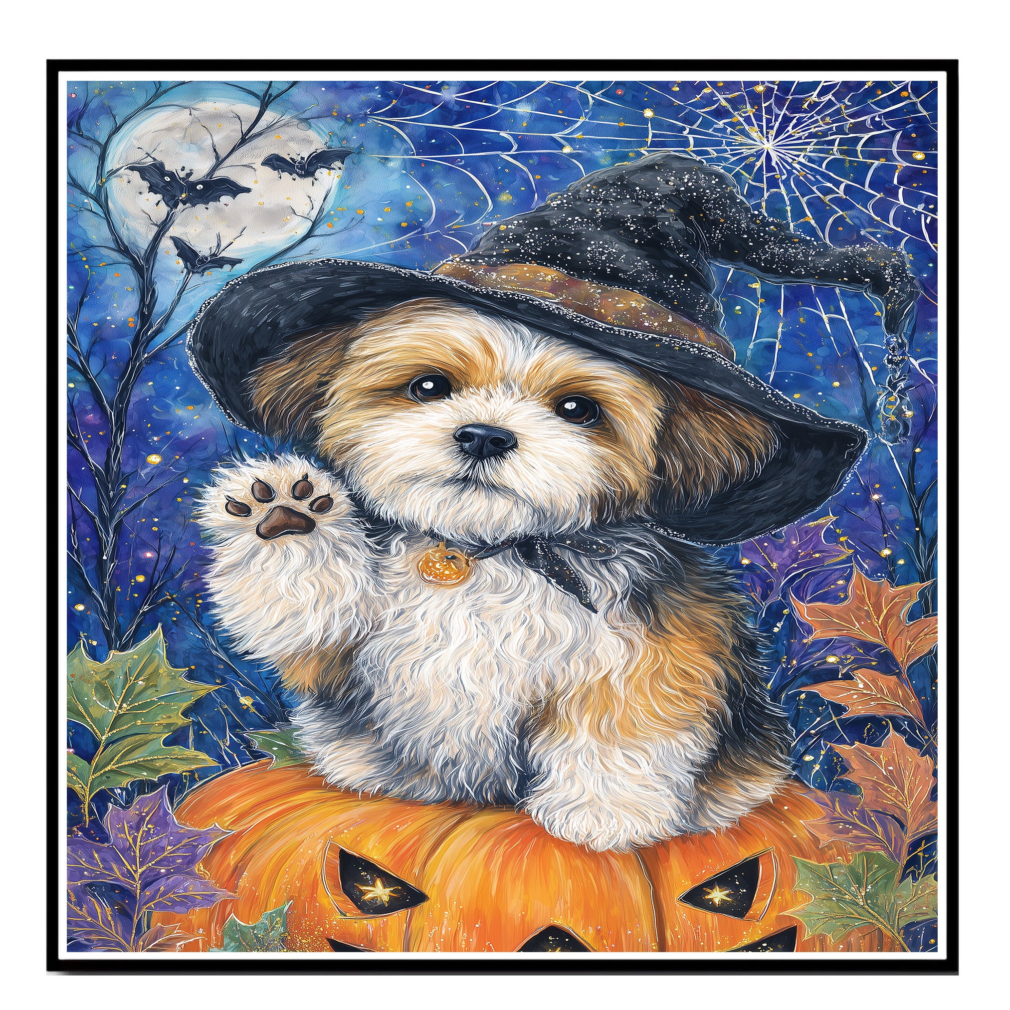 Shih Tzu Dog Spooky Bat Painting Framed Artwork for Halloween Witch Room Wall Décor for Farmhouse on Ready to Hang 1.5" Thick Canvas Wrap, Floating Framed Canvas, Flat Rolled Canvas