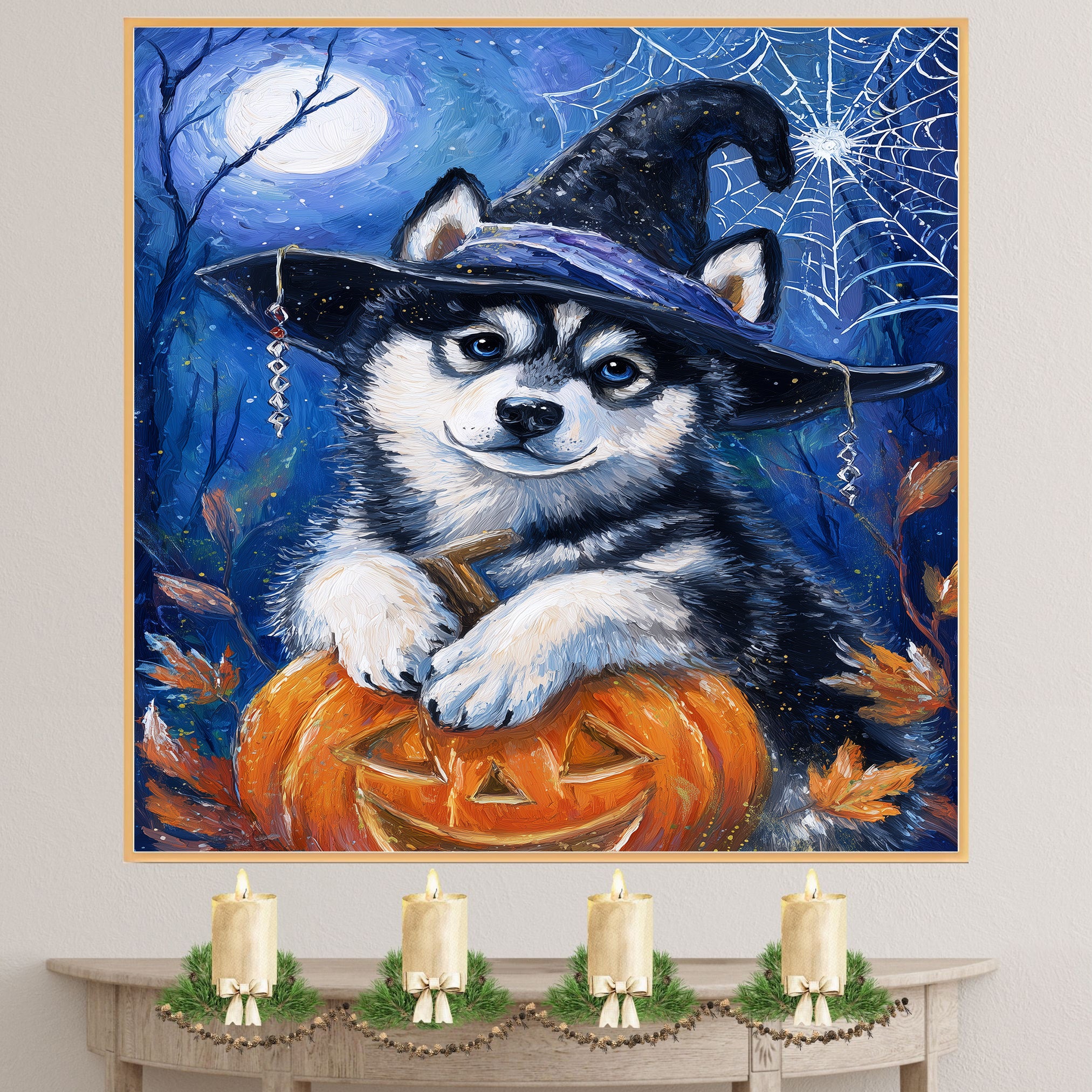 Siberian Husky Dog Haunted Decor Wall Art for Halloween Home Children's Room Decoration Print for Pet Lovers on Ready to Hang 1.5" Thick Canvas Wrap, Floating Framed Canvas, Flat Rolled Canvas