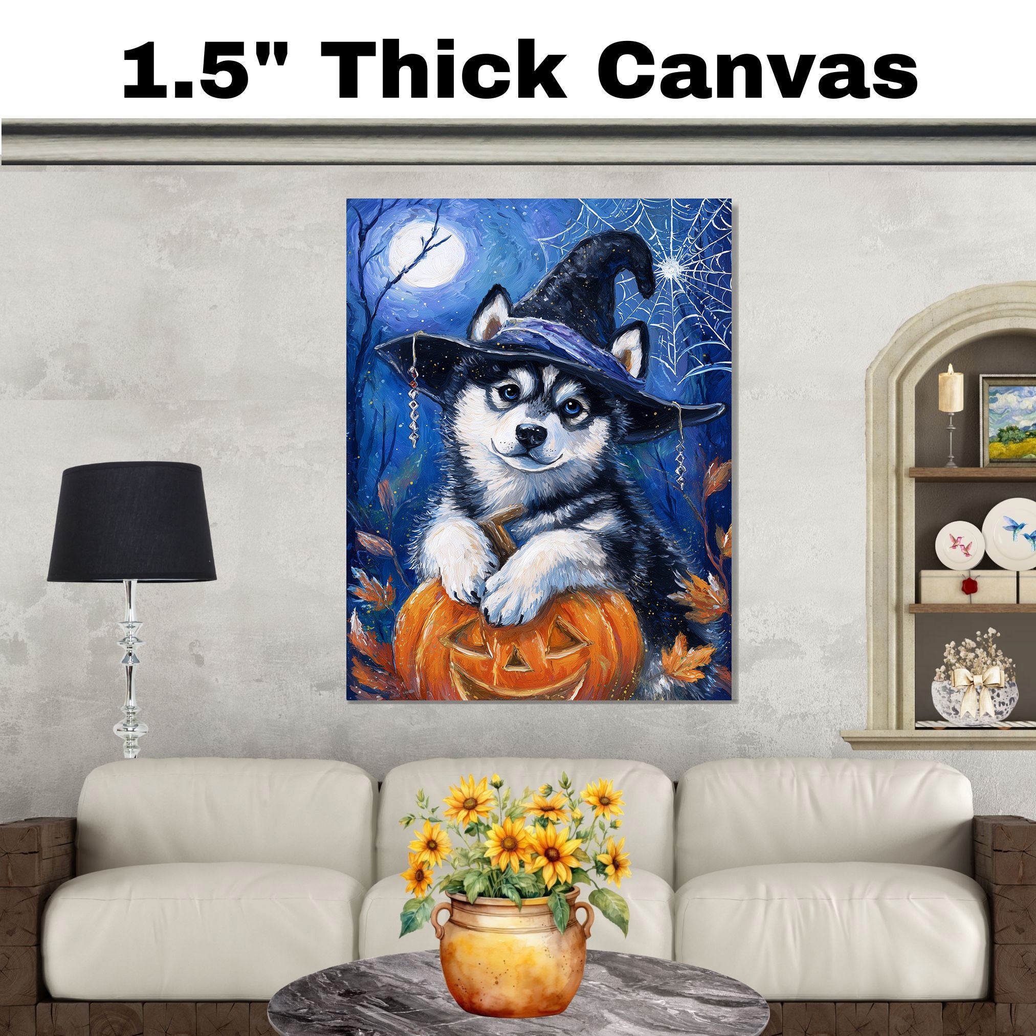 Siberian Husky Dog Haunted Decor Wall Art for Halloween Home Children's Room Decoration Print for Pet Lovers on Ready to Hang 1.5" Thick Canvas Wrap, Floating Framed Canvas, Flat Rolled Canvas
