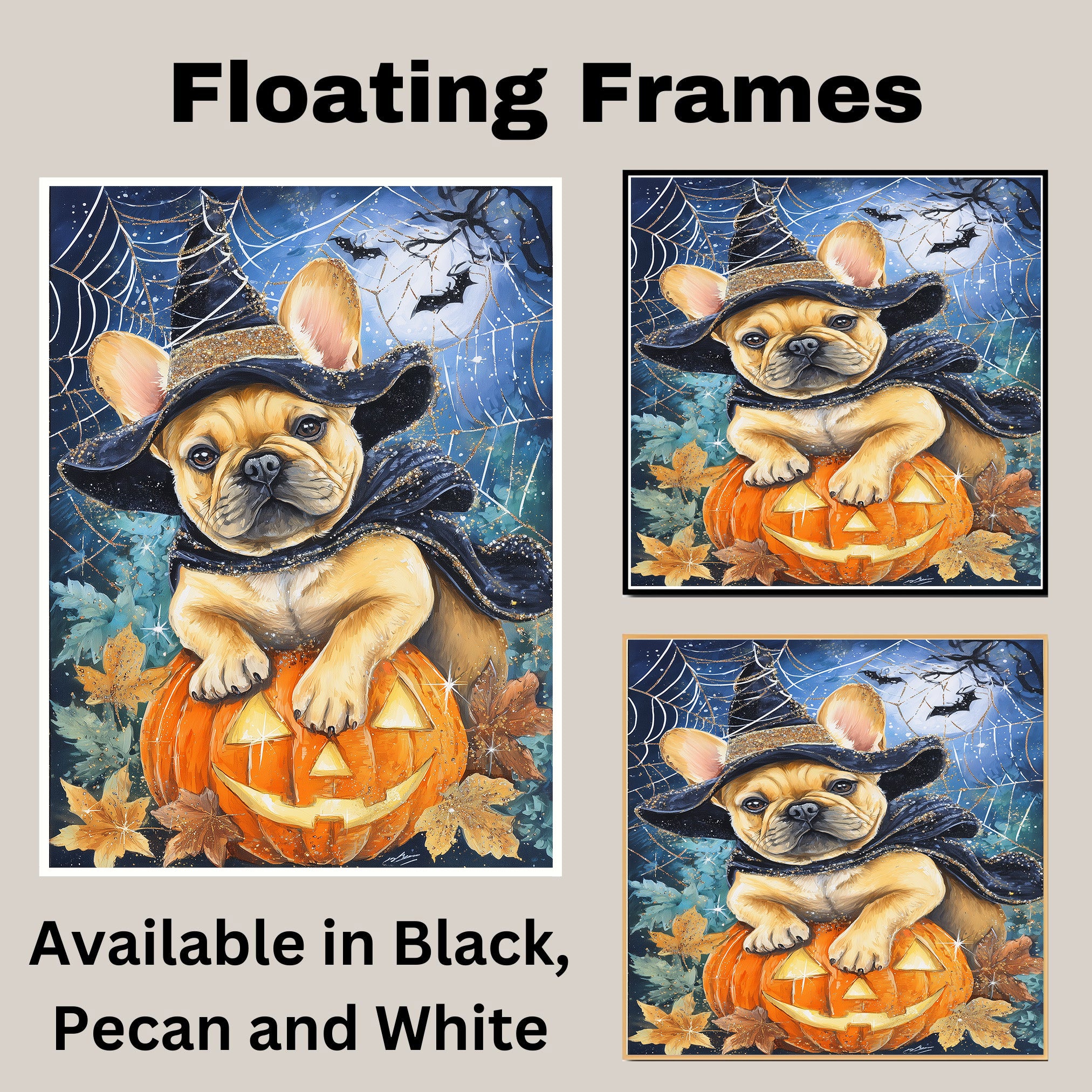 French Bulldog Halloween Witch Canvas Art Prints for Room Wall Décor Spooky Forest Witch Pumpkin Poster on Ready to Hang 1.5" Thick Canvas Wrap, Floating Framed Canvas, Flat Rolled Canvas