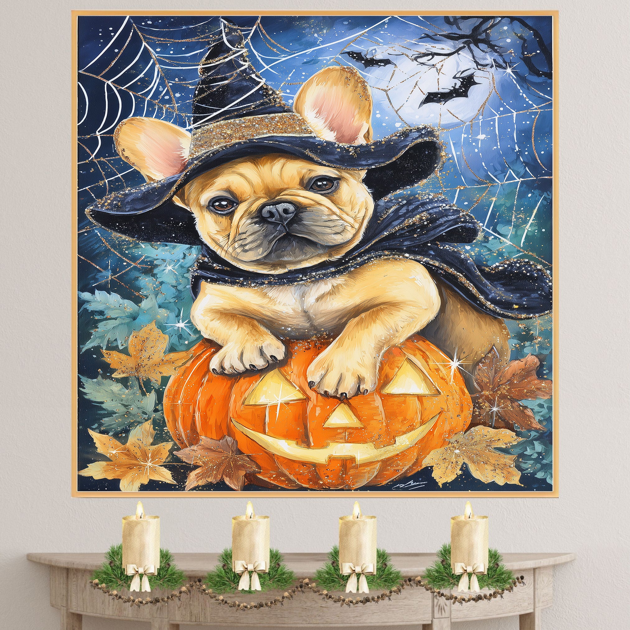 French Bulldog Halloween Witch Canvas Art Prints for Room Wall Décor Spooky Forest Witch Pumpkin Poster on Ready to Hang 1.5" Thick Canvas Wrap, Floating Framed Canvas, Flat Rolled Canvas