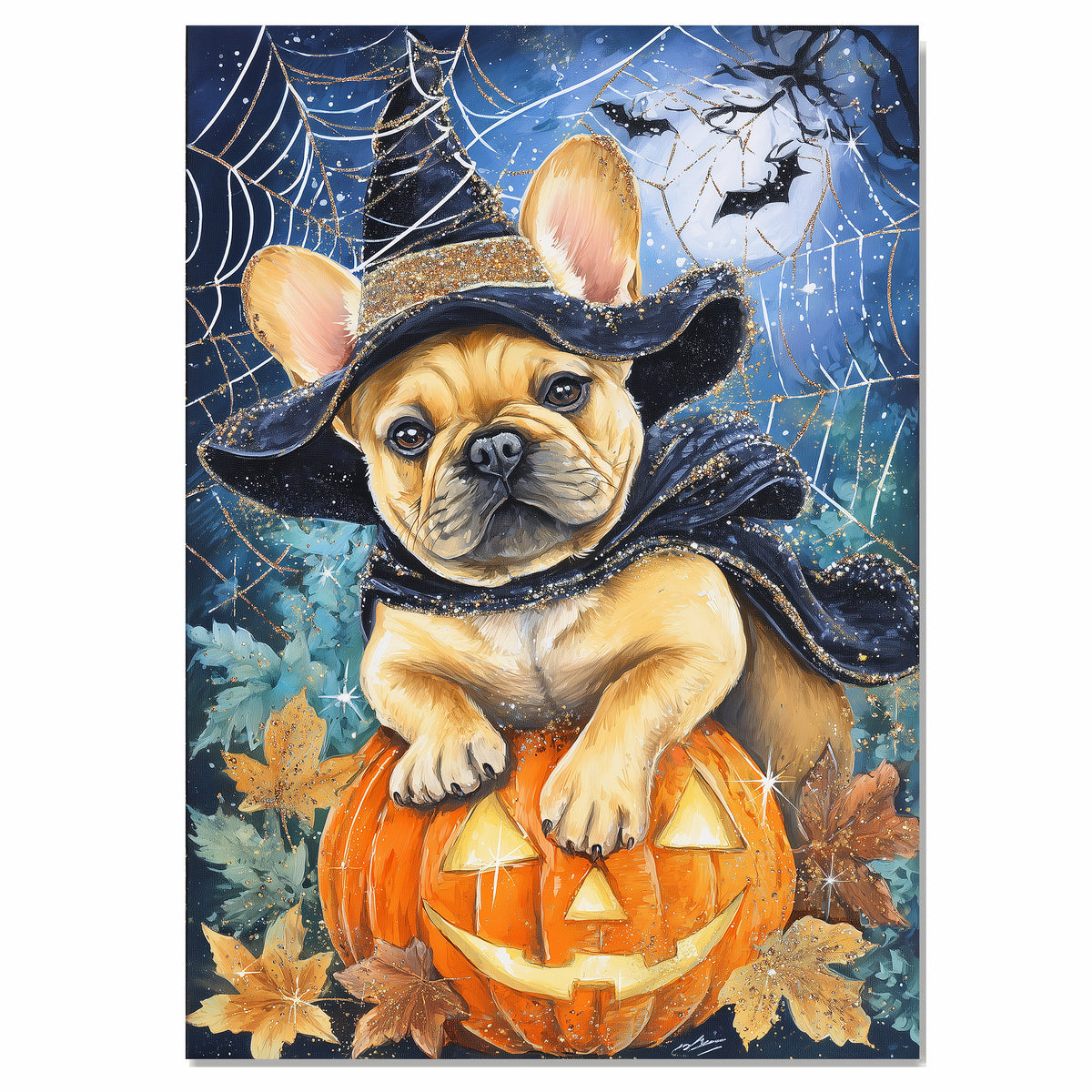 French Bulldog Halloween Witch Canvas Art Prints for Room Wall Décor Spooky Forest Witch Pumpkin Poster on Ready to Hang 1.5" Thick Canvas Wrap, Floating Framed Canvas, Flat Rolled Canvas