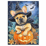 French Bulldog Halloween Witch Canvas Art Prints for Room Wall Décor Spooky Forest Witch Pumpkin Poster on Ready to Hang 1.5" Thick Canvas Wrap, Floating Framed Canvas, Flat Rolled Canvas
