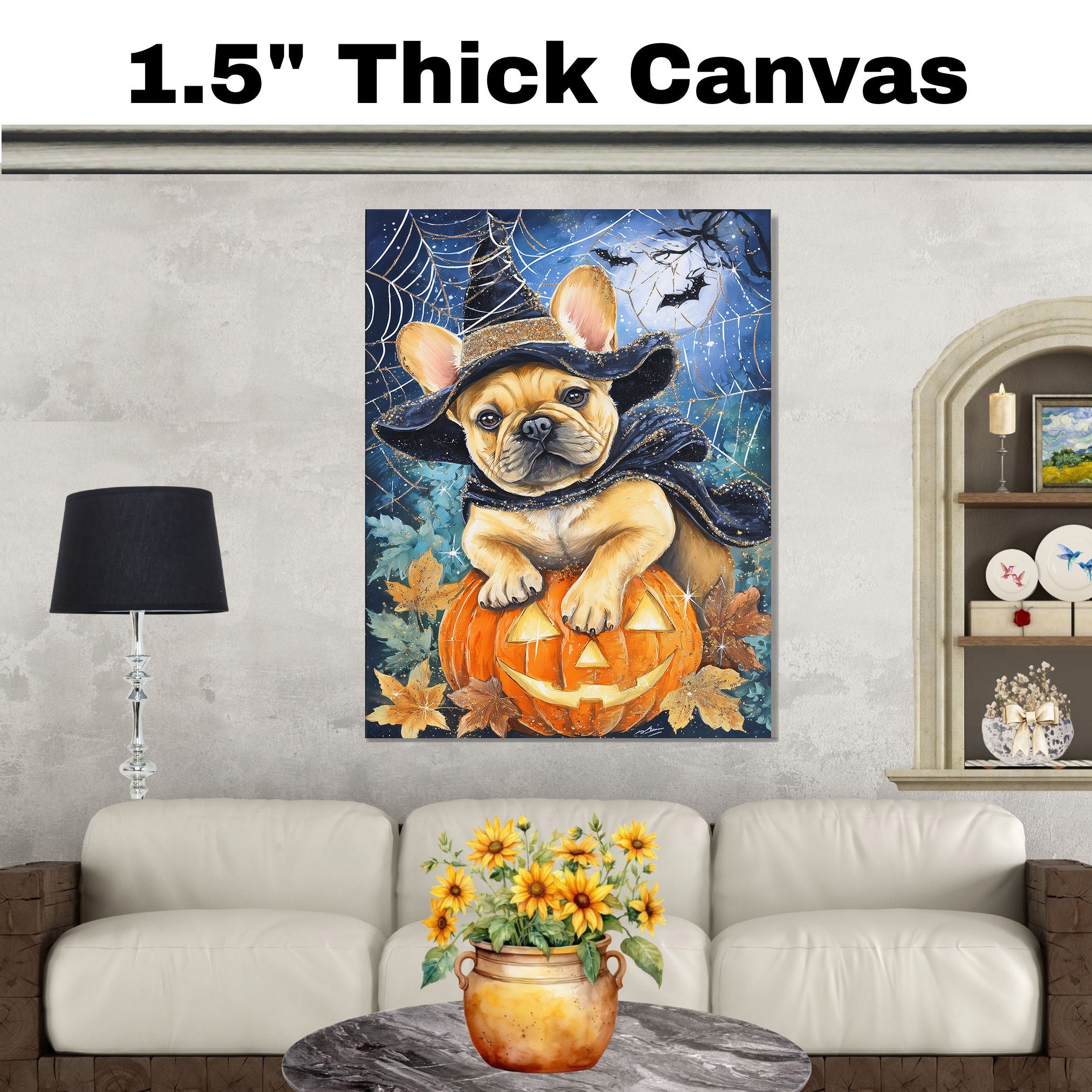 French Bulldog Halloween Witch Canvas Art Prints for Room Wall Décor Spooky Forest Witch Pumpkin Poster on Ready to Hang 1.5" Thick Canvas Wrap, Floating Framed Canvas, Flat Rolled Canvas