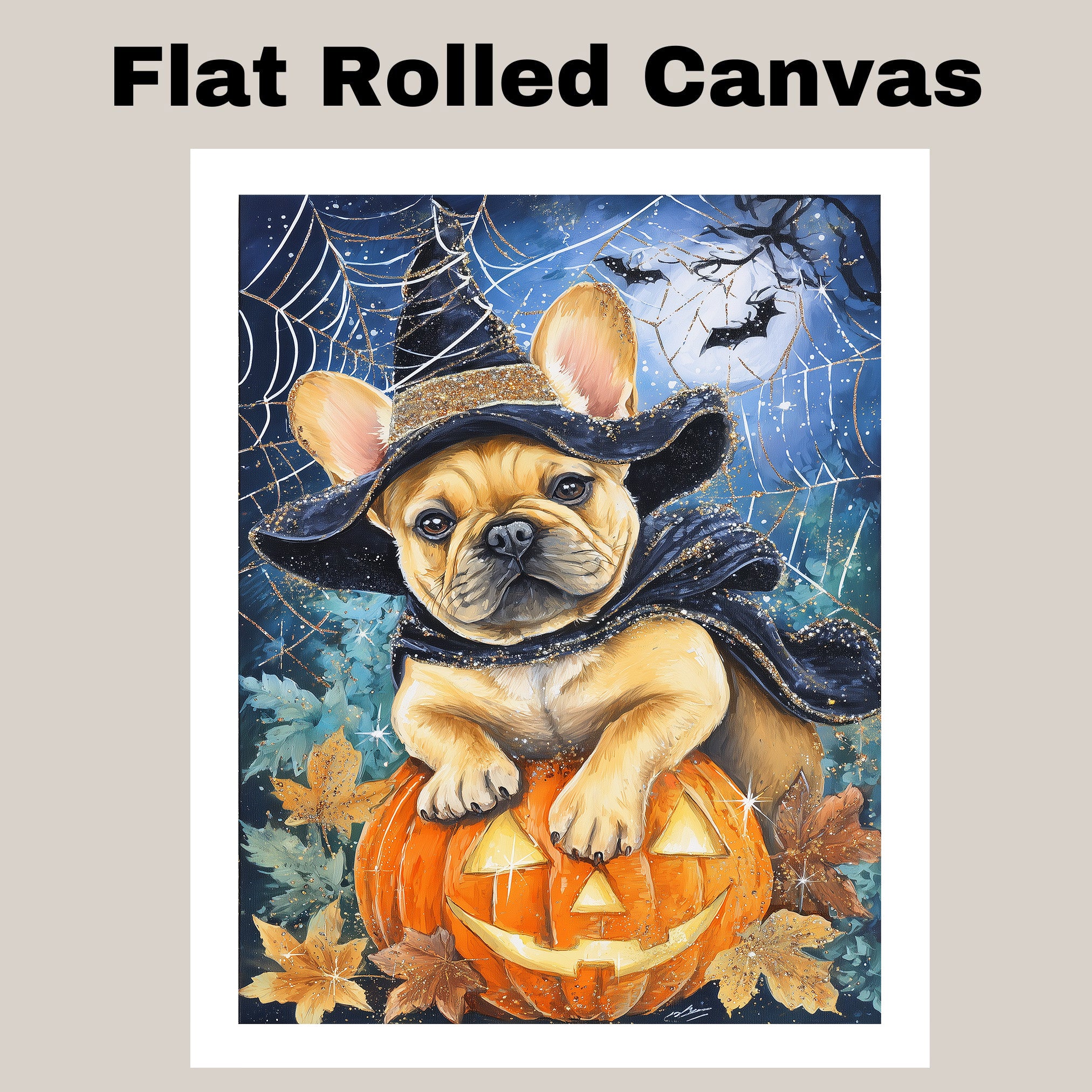 French Bulldog Halloween Witch Canvas Art Prints for Room Wall Décor Spooky Forest Witch Pumpkin Poster on Ready to Hang 1.5" Thick Canvas Wrap, Floating Framed Canvas, Flat Rolled Canvas