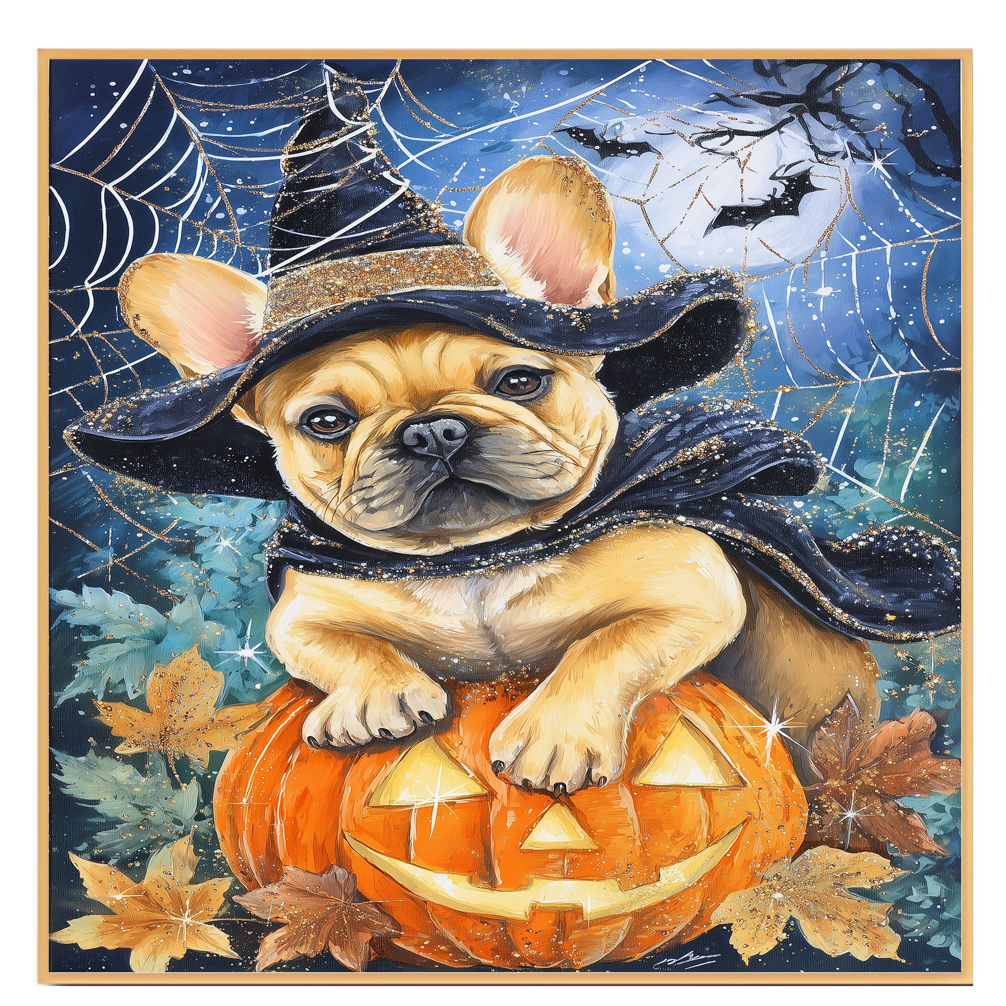 French Bulldog Halloween Witch Canvas Art Prints for Room Wall Décor Spooky Forest Witch Pumpkin Poster on Ready to Hang 1.5" Thick Canvas Wrap, Floating Framed Canvas, Flat Rolled Canvas