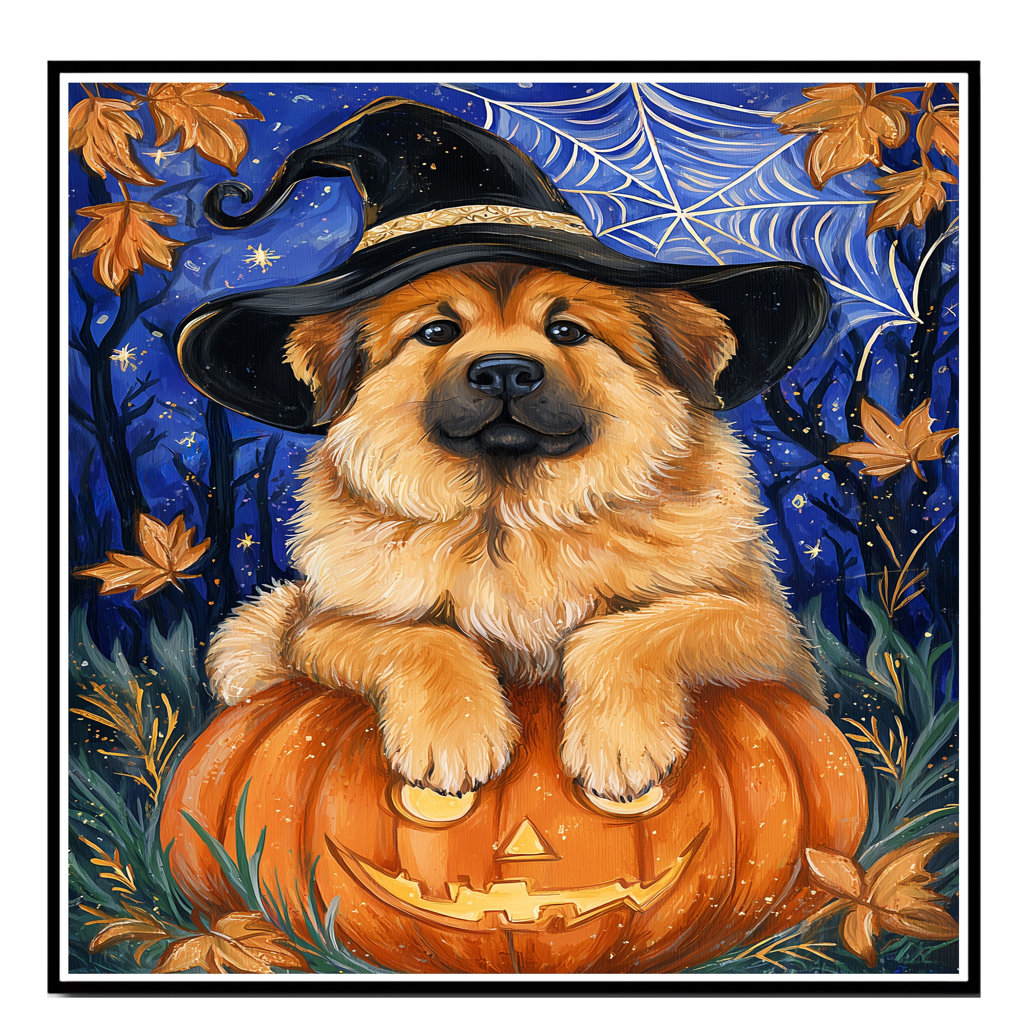 Tibetan Mastiff Dog Black Halloween Witch Canvas Art Prints for Mom's Anniversary Gifts for Thanksgiving on Ready to Hang 1.5" Thick Canvas Wrap, Floating Framed Canvas, Flat Rolled Canvas