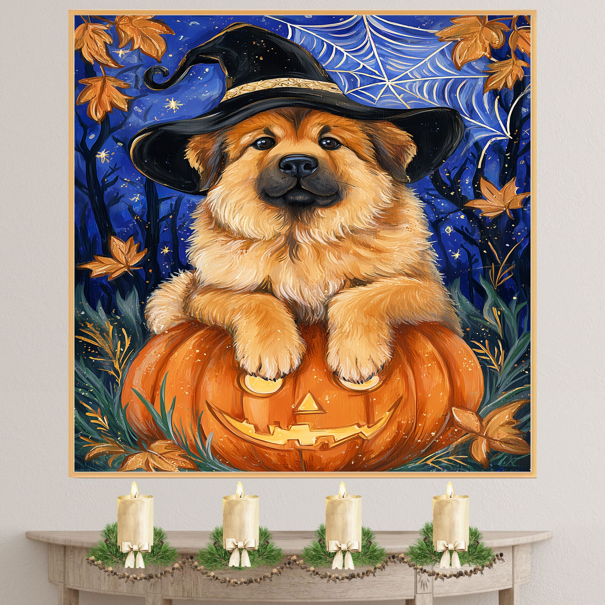 Tibetan Mastiff Dog Black Halloween Witch Canvas Art Prints for Mom's Anniversary Gifts for Thanksgiving on Ready to Hang 1.5" Thick Canvas Wrap, Floating Framed Canvas, Flat Rolled Canvas