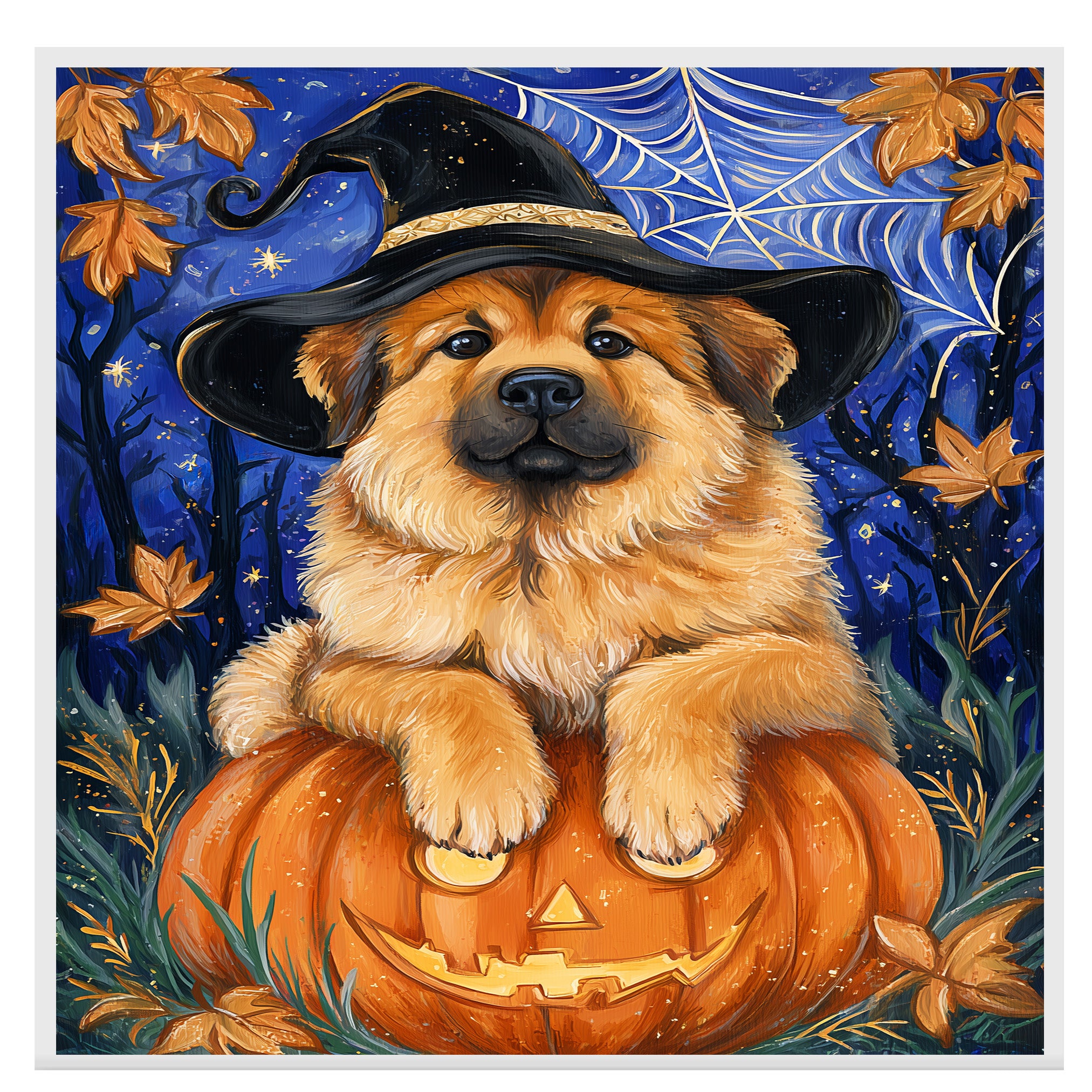 Tibetan Mastiff Dog Black Halloween Witch Canvas Art Prints for Mom's Anniversary Gifts for Thanksgiving on Ready to Hang 1.5" Thick Canvas Wrap, Floating Framed Canvas, Flat Rolled Canvas