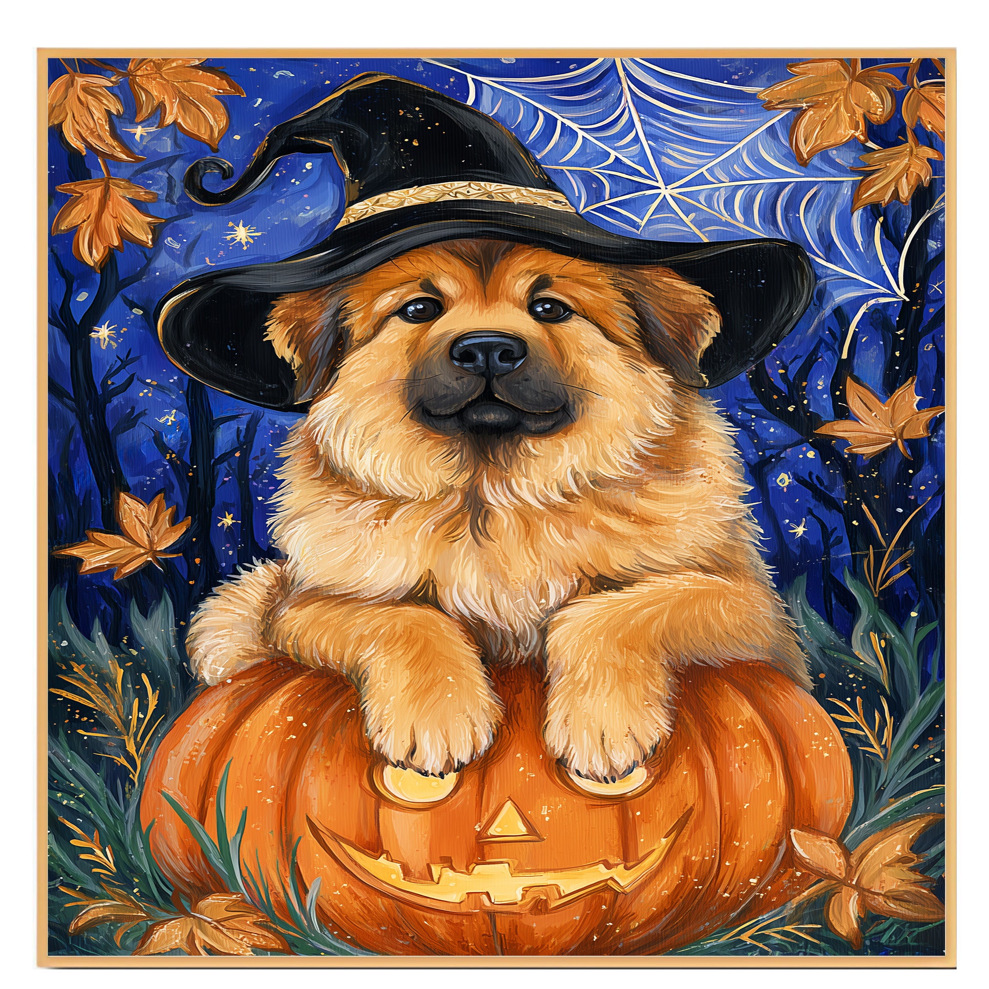 Tibetan Mastiff Dog Black Halloween Witch Canvas Art Prints for Mom's Anniversary Gifts for Thanksgiving on Ready to Hang 1.5" Thick Canvas Wrap, Floating Framed Canvas, Flat Rolled Canvas