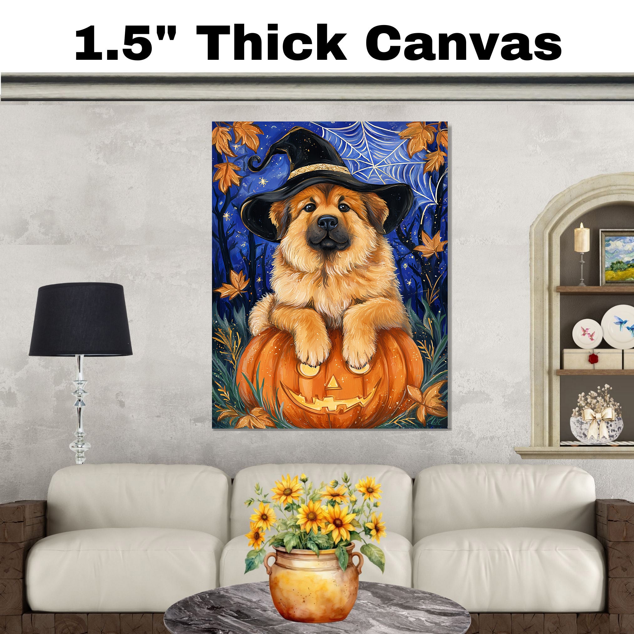 Tibetan Mastiff Dog Black Halloween Witch Canvas Art Prints for Mom's Anniversary Gifts for Thanksgiving on Ready to Hang 1.5" Thick Canvas Wrap, Floating Framed Canvas, Flat Rolled Canvas