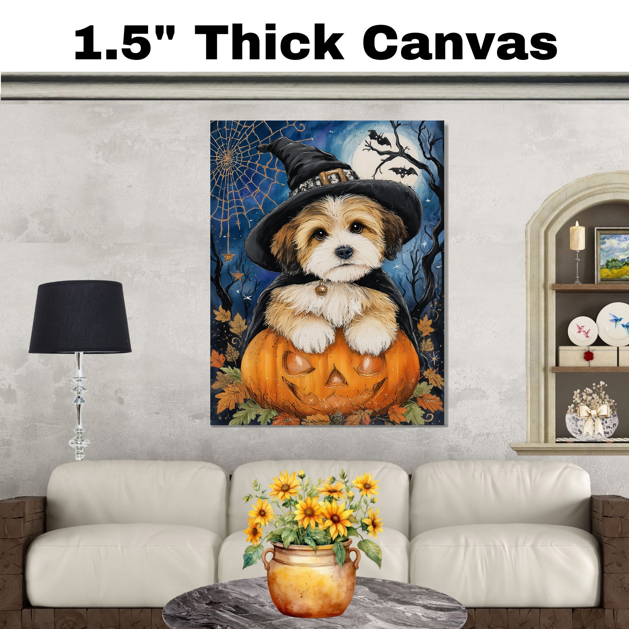 Tibetan Terrier Dog Halloween Scary Orange Pumpkin Ghost Witch Hat Framed Wall Decor Canvas Painting Prints on Ready to Hang 1.5" Thick Canvas Wrap, Floating Framed Canvas, Flat Rolled Canvas