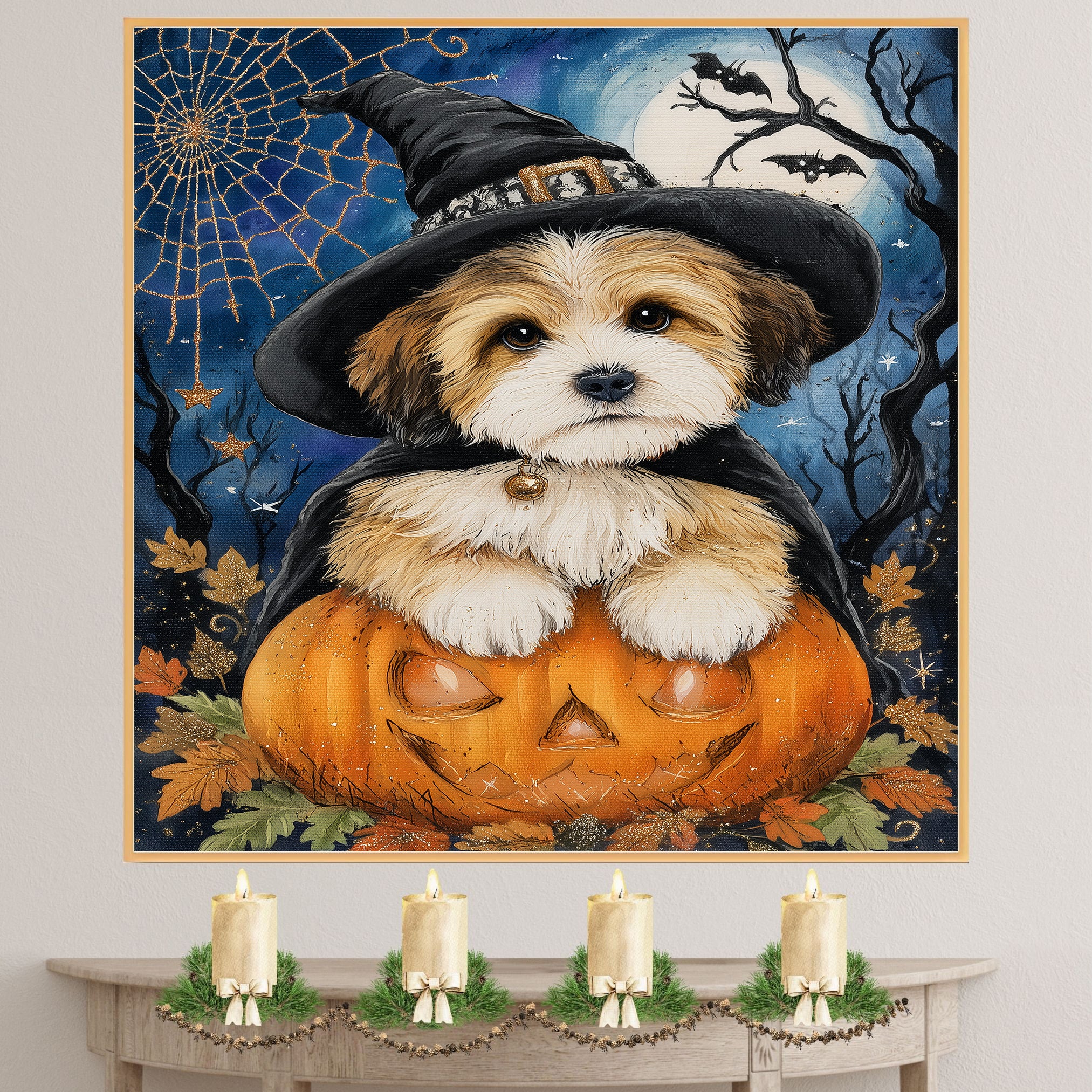 Tibetan Terrier Dog Halloween Scary Orange Pumpkin Ghost Witch Hat Framed Wall Decor Canvas Painting Prints on Ready to Hang 1.5" Thick Canvas Wrap, Floating Framed Canvas, Flat Rolled Canvas
