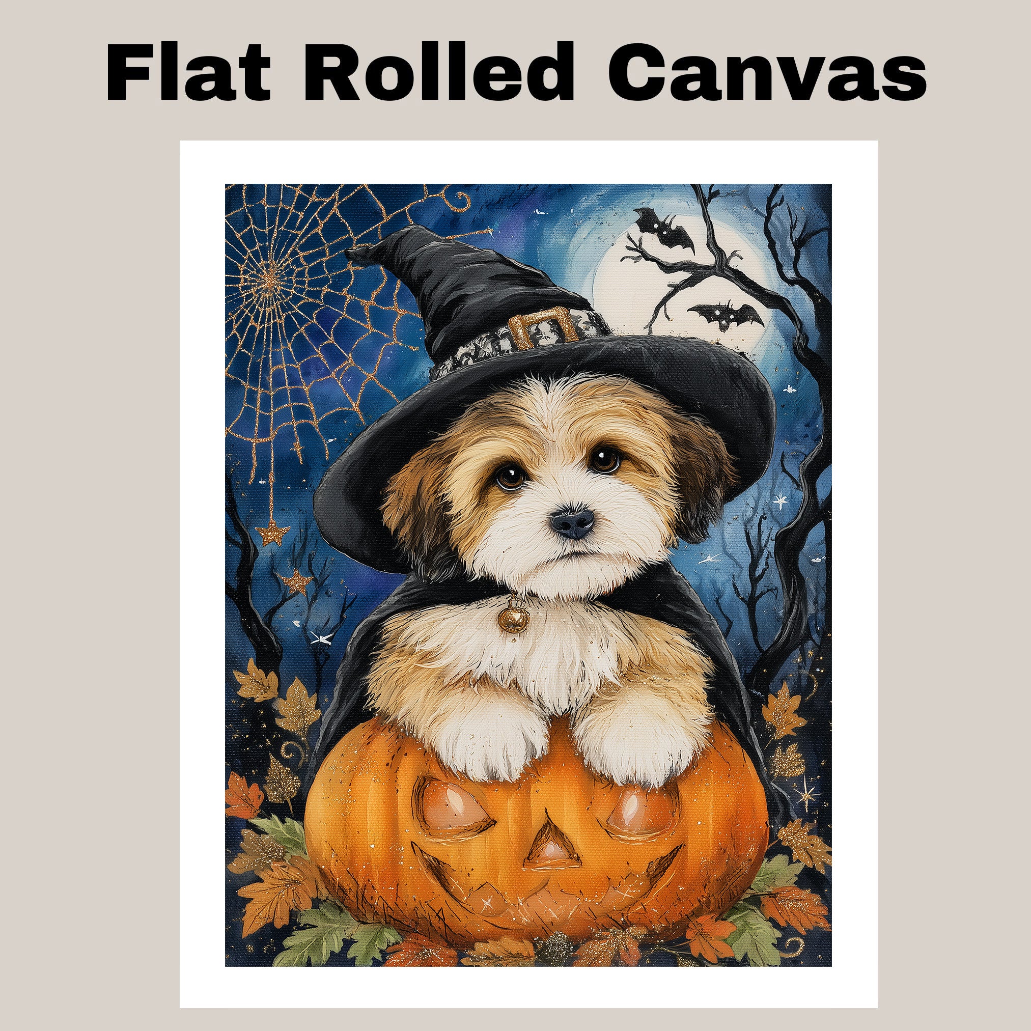 Tibetan Terrier Dog Halloween Scary Orange Pumpkin Ghost Witch Hat Framed Wall Decor Canvas Painting Prints on Ready to Hang 1.5" Thick Canvas Wrap, Floating Framed Canvas, Flat Rolled Canvas