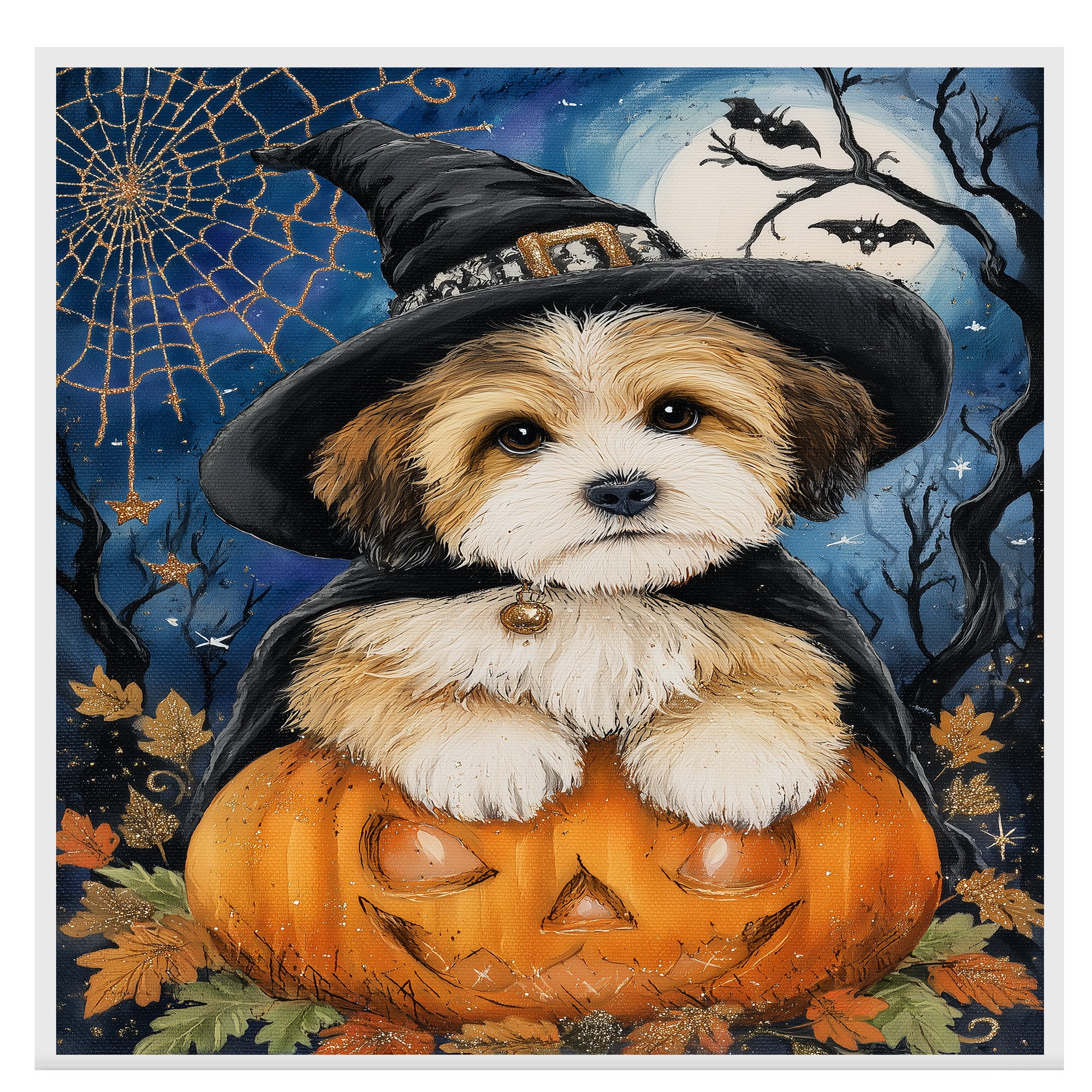 Tibetan Terrier Dog Halloween Scary Orange Pumpkin Ghost Witch Hat Framed Wall Decor Canvas Painting Prints on Ready to Hang 1.5" Thick Canvas Wrap, Floating Framed Canvas, Flat Rolled Canvas