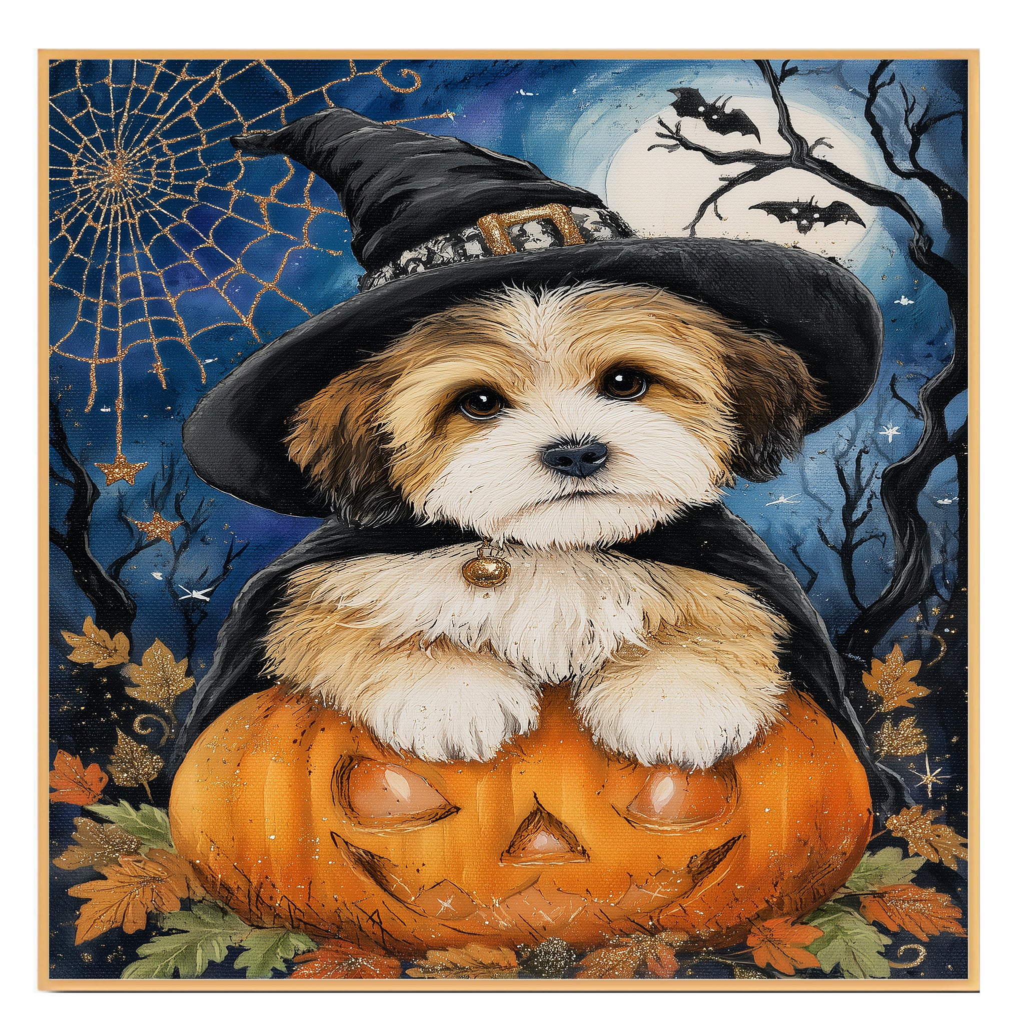 Tibetan Terrier Dog Halloween Scary Orange Pumpkin Ghost Witch Hat Framed Wall Decor Canvas Painting Prints on Ready to Hang 1.5" Thick Canvas Wrap, Floating Framed Canvas, Flat Rolled Canvas