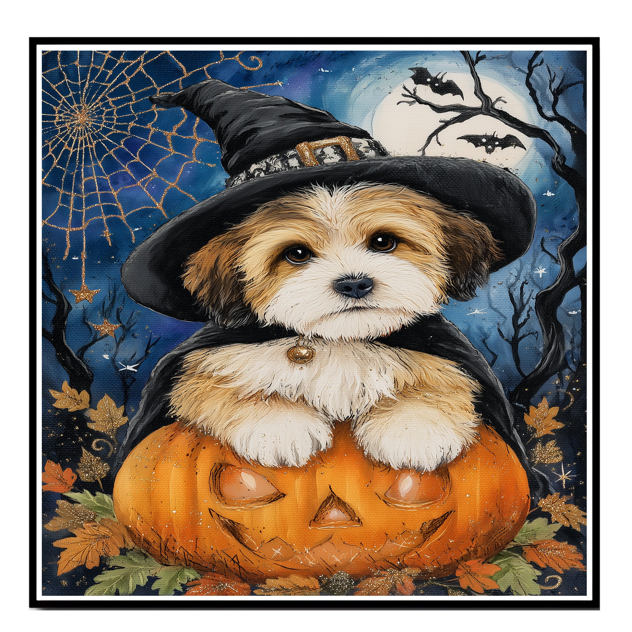Tibetan Terrier Dog Halloween Scary Orange Pumpkin Ghost Witch Hat Framed Wall Decor Canvas Painting Prints on Ready to Hang 1.5" Thick Canvas Wrap, Floating Framed Canvas, Flat Rolled Canvas