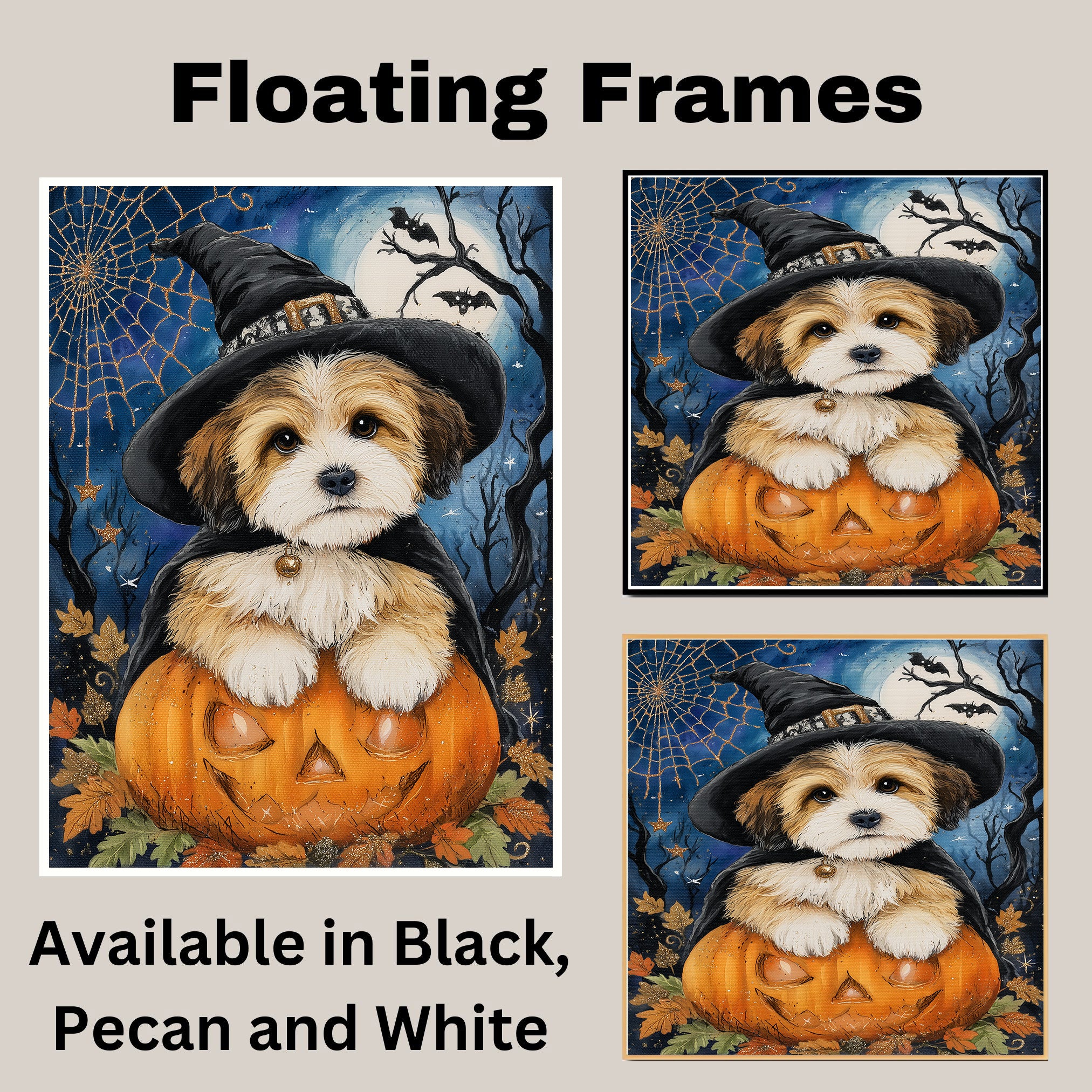Tibetan Terrier Dog Halloween Scary Orange Pumpkin Ghost Witch Hat Framed Wall Decor Canvas Painting Prints on Ready to Hang 1.5" Thick Canvas Wrap, Floating Framed Canvas, Flat Rolled Canvas