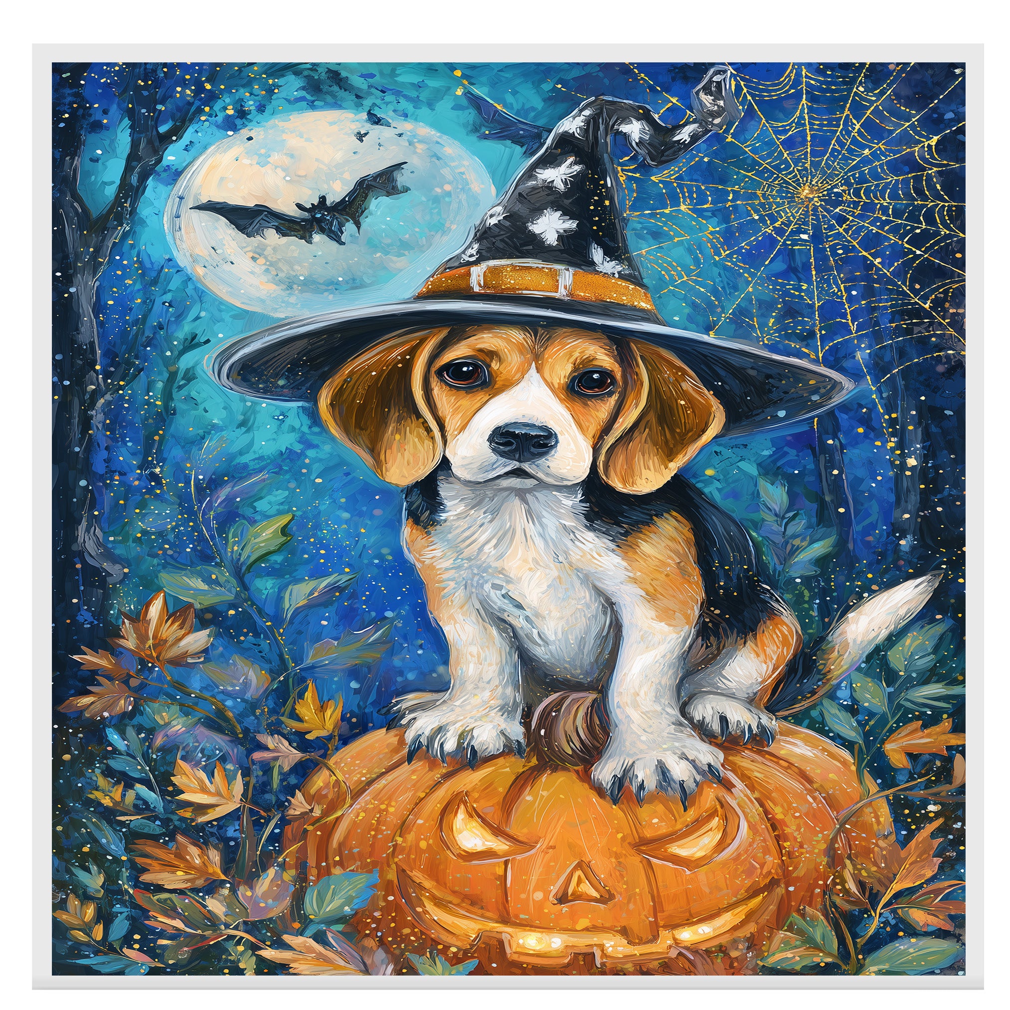 Treeing Walking Coonhound Dog Moon Spiders Web Picture Painting Artwork for Bedroom Fall Harvest Canvas on Ready to Hang 1.5" Thick Canvas Wrap, Floating Framed Canvas, Flat Rolled Canvas
