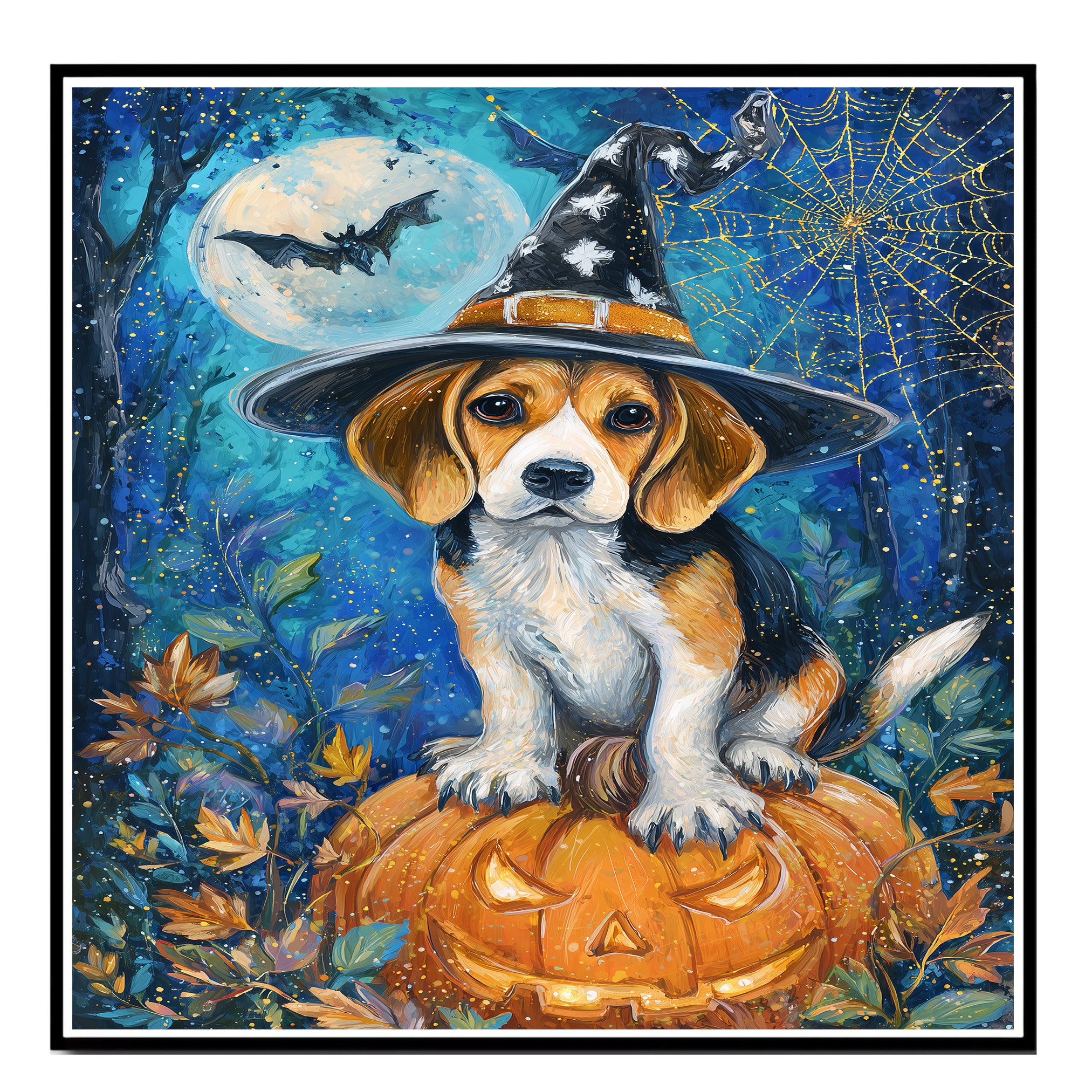 Treeing Walking Coonhound Dog Moon Spiders Web Picture Painting Artwork for Bedroom Fall Harvest Canvas on Ready to Hang 1.5" Thick Canvas Wrap, Floating Framed Canvas, Flat Rolled Canvas