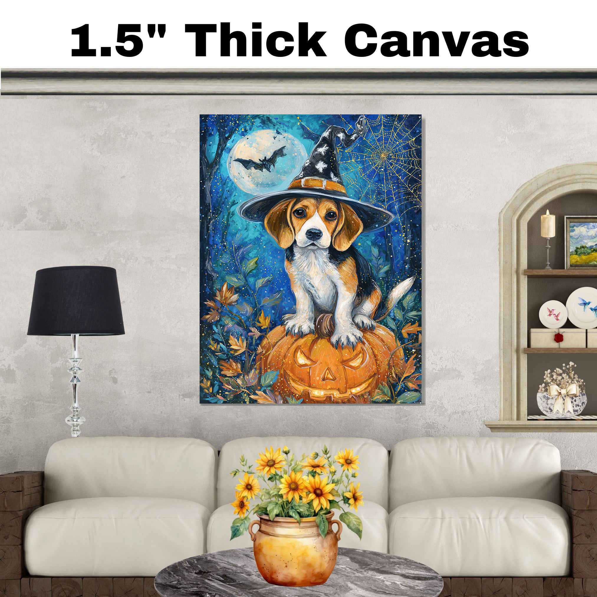 Treeing Walking Coonhound Dog Moon Spiders Web Picture Painting Artwork for Bedroom Fall Harvest Canvas on Ready to Hang 1.5" Thick Canvas Wrap, Floating Framed Canvas, Flat Rolled Canvas