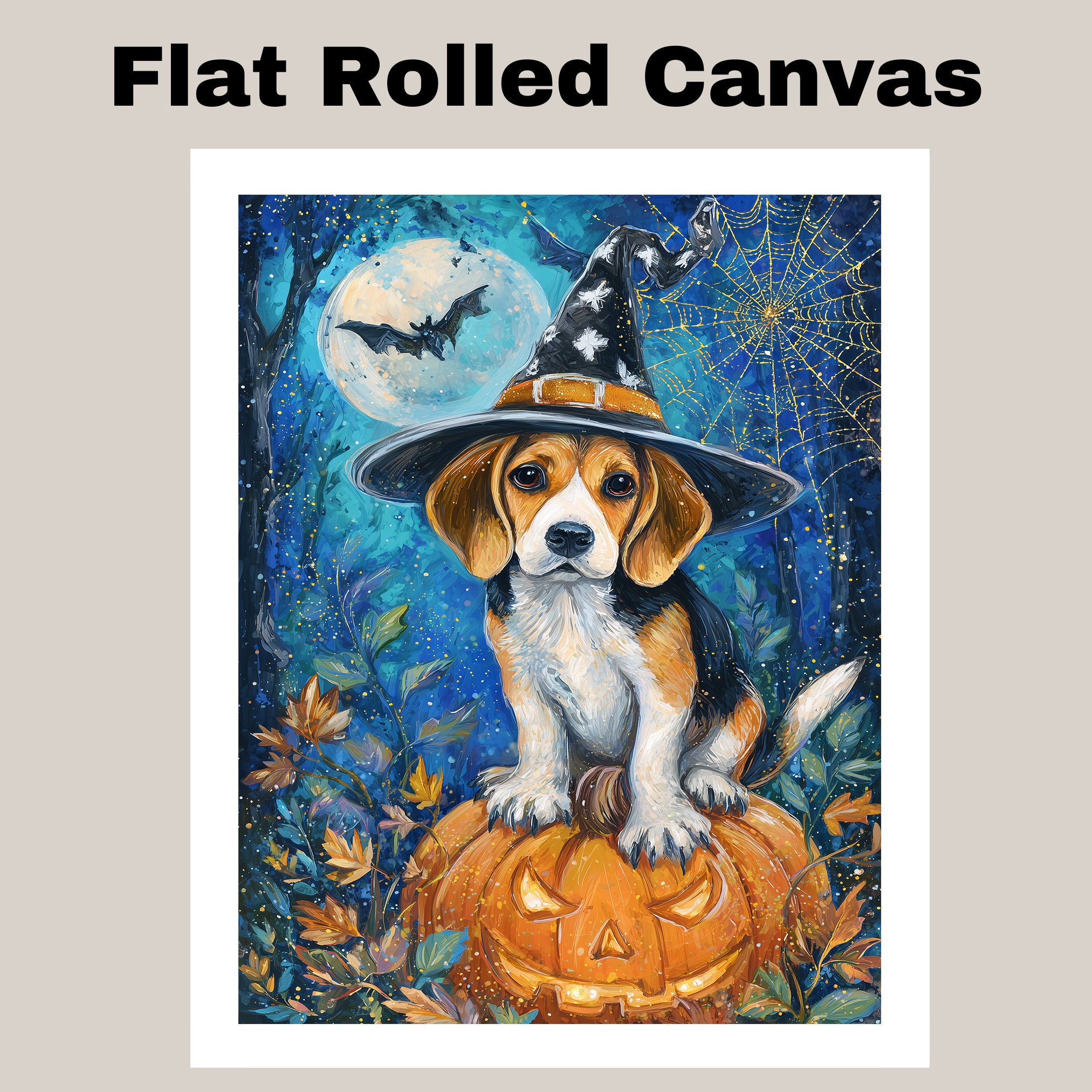 Treeing Walking Coonhound Dog Moon Spiders Web Picture Painting Artwork for Bedroom Fall Harvest Canvas on Ready to Hang 1.5" Thick Canvas Wrap, Floating Framed Canvas, Flat Rolled Canvas
