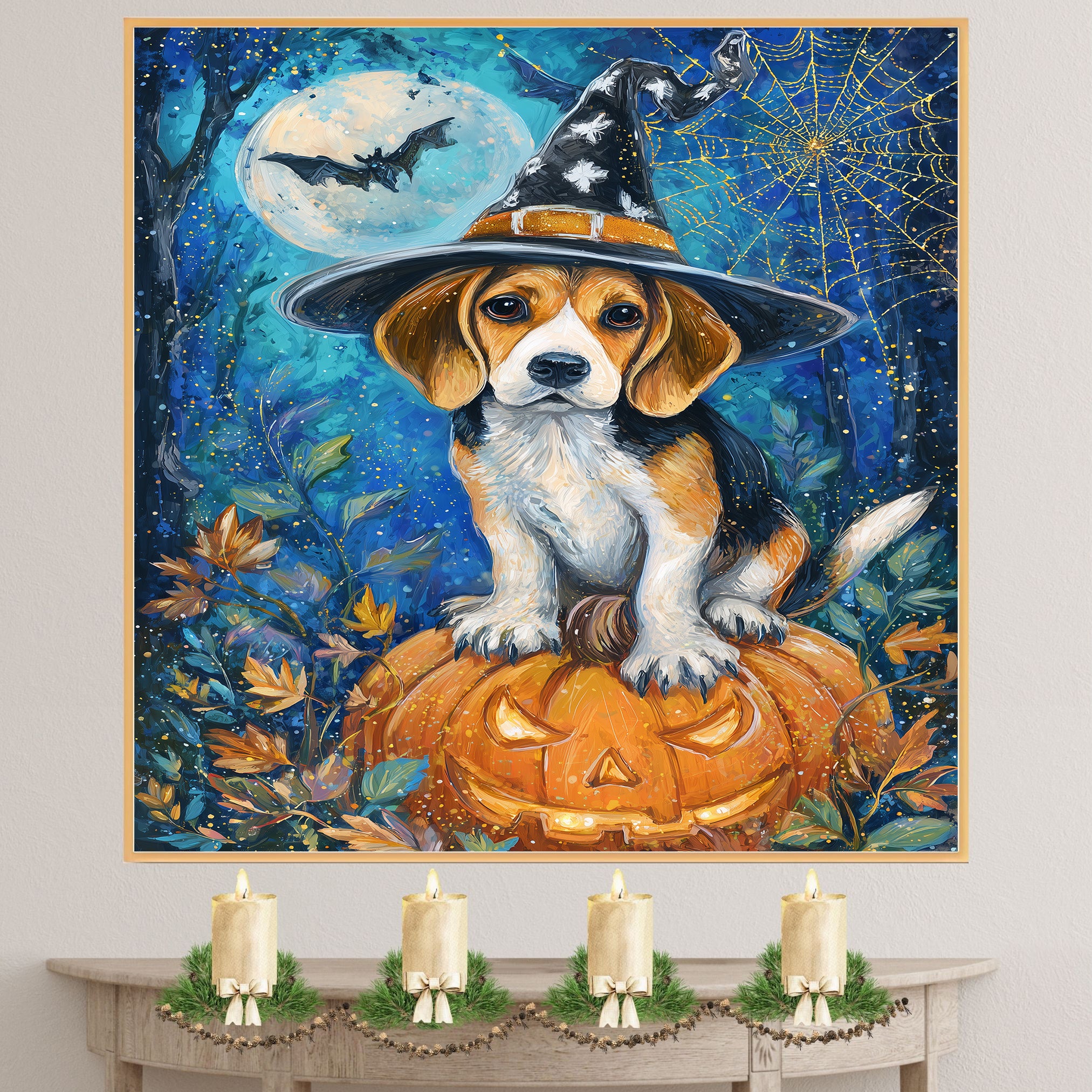 Treeing Walking Coonhound Dog Moon Spiders Web Picture Painting Artwork for Bedroom Fall Harvest Canvas on Ready to Hang 1.5" Thick Canvas Wrap, Floating Framed Canvas, Flat Rolled Canvas