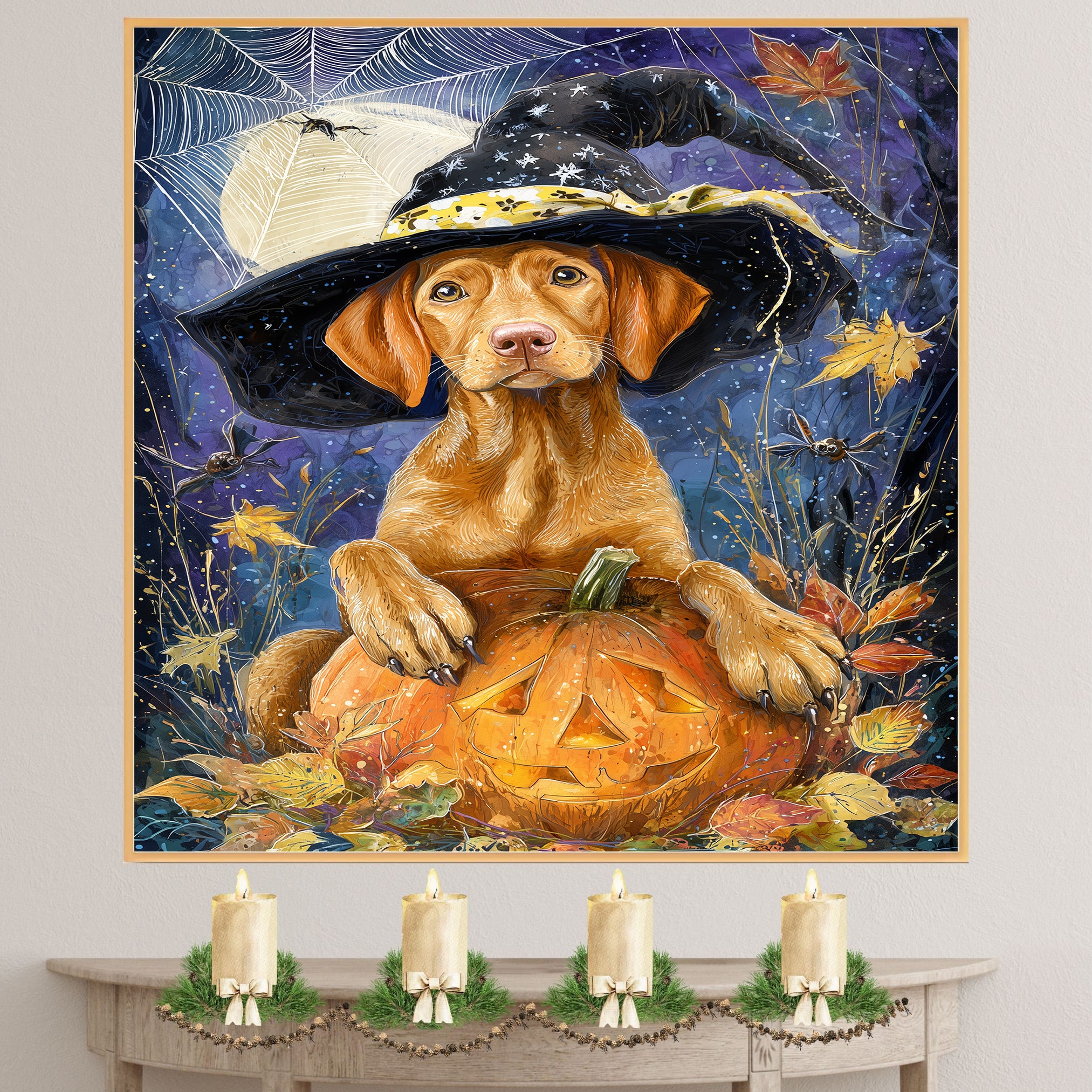 Vizsla Puppy Halloween Wall Art Witch Hat Pumpkin Autumn Night Décor for Yard Bat Moon Star Paintings on Ready to Hang 1.5" Thick Canvas Wrap, Floating Framed Canvas, Flat Rolled Canvas