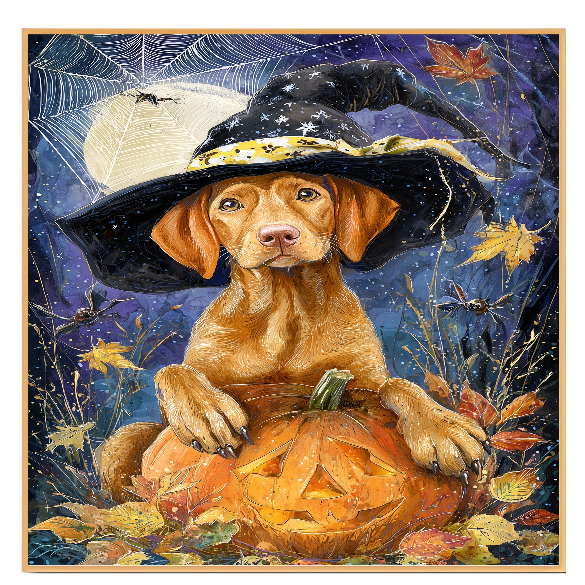 Vizsla Puppy Halloween Wall Art Witch Hat Pumpkin Autumn Night Décor for Yard Bat Moon Star Paintings on Ready to Hang 1.5" Thick Canvas Wrap, Floating Framed Canvas, Flat Rolled Canvas