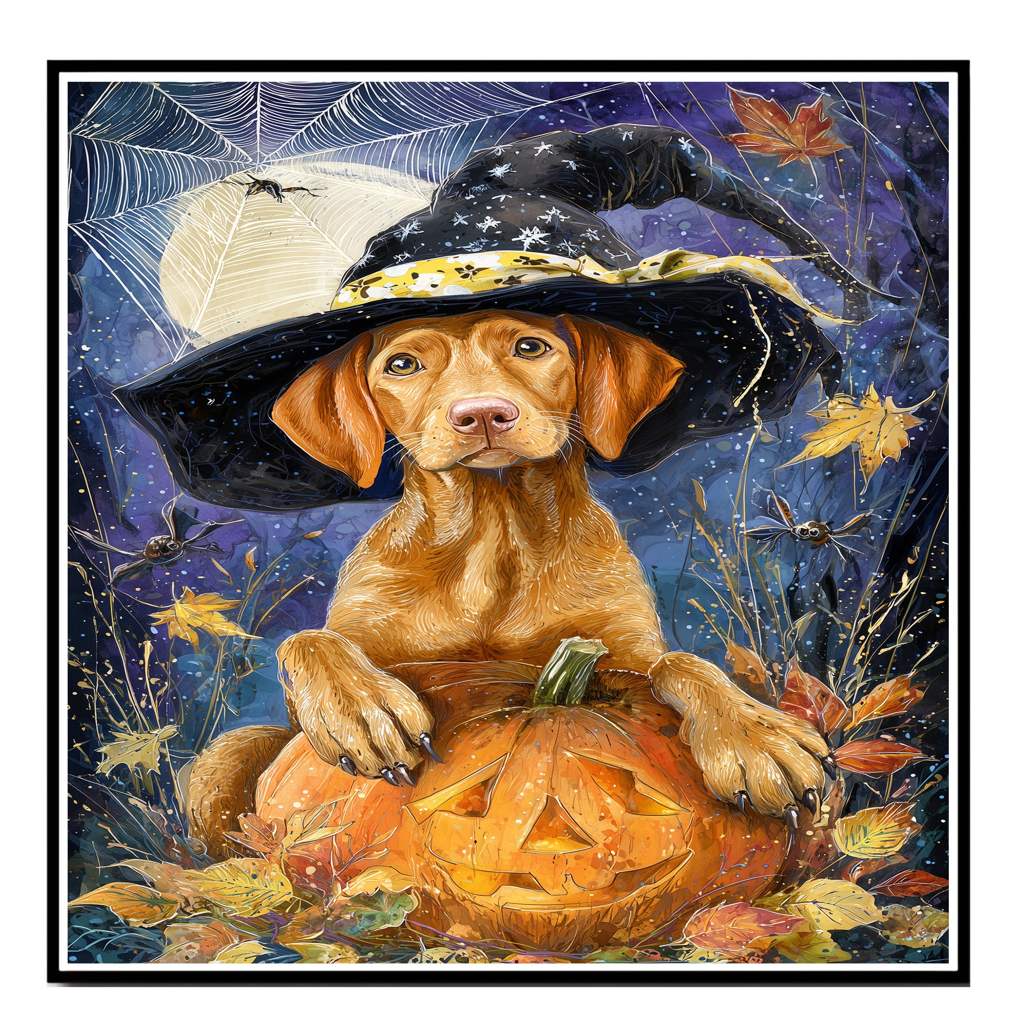 Vizsla Puppy Halloween Wall Art Witch Hat Pumpkin Autumn Night Décor for Yard Bat Moon Star Paintings on Ready to Hang 1.5" Thick Canvas Wrap, Floating Framed Canvas, Flat Rolled Canvas
