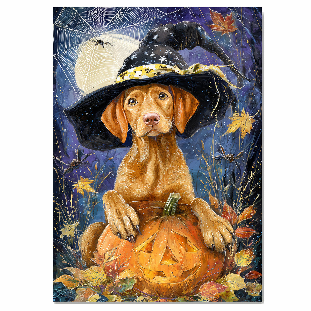 Vizsla Puppy Halloween Wall Art Witch Hat Pumpkin Autumn Night Décor for Yard Bat Moon Star Paintings on Ready to Hang 1.5" Thick Canvas Wrap, Floating Framed Canvas, Flat Rolled Canvas