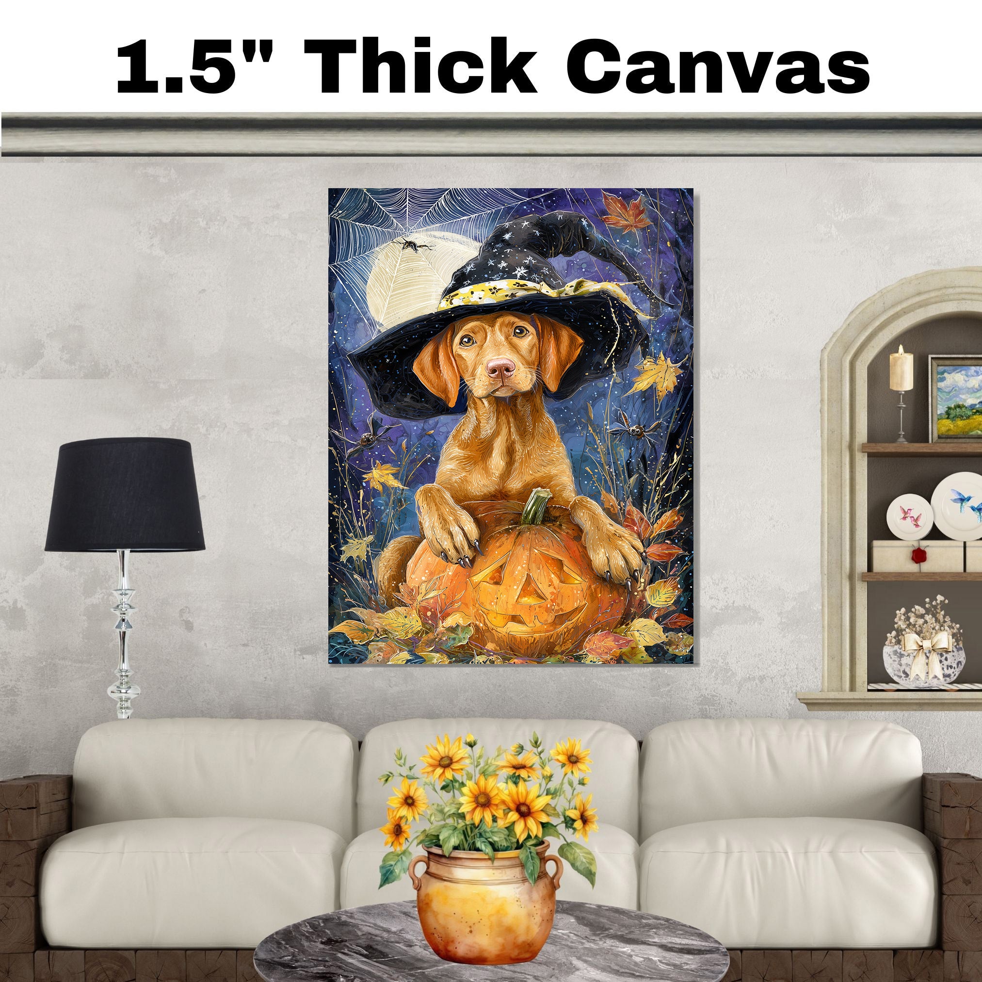 Vizsla Puppy Halloween Wall Art Witch Hat Pumpkin Autumn Night Décor for Yard Bat Moon Star Paintings on Ready to Hang 1.5" Thick Canvas Wrap, Floating Framed Canvas, Flat Rolled Canvas