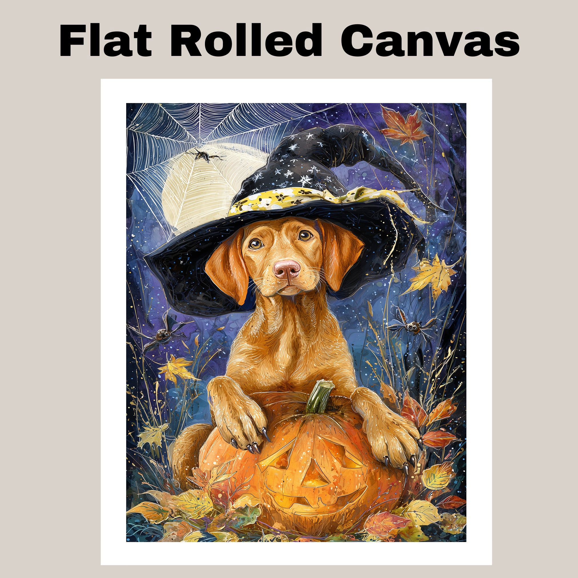 Vizsla Puppy Halloween Wall Art Witch Hat Pumpkin Autumn Night Décor for Yard Bat Moon Star Paintings on Ready to Hang 1.5" Thick Canvas Wrap, Floating Framed Canvas, Flat Rolled Canvas
