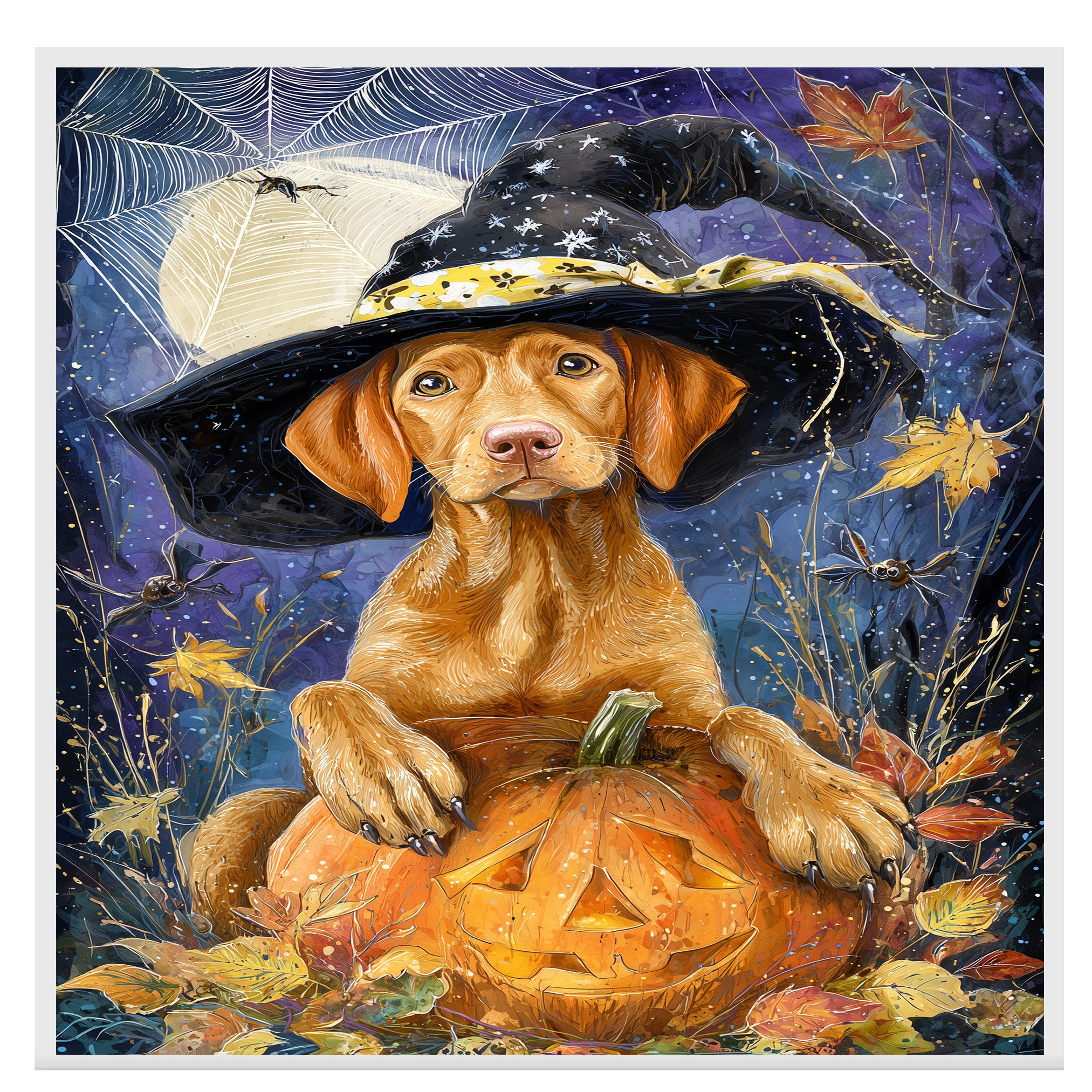 Vizsla Puppy Halloween Wall Art Witch Hat Pumpkin Autumn Night Décor for Yard Bat Moon Star Paintings on Ready to Hang 1.5" Thick Canvas Wrap, Floating Framed Canvas, Flat Rolled Canvas