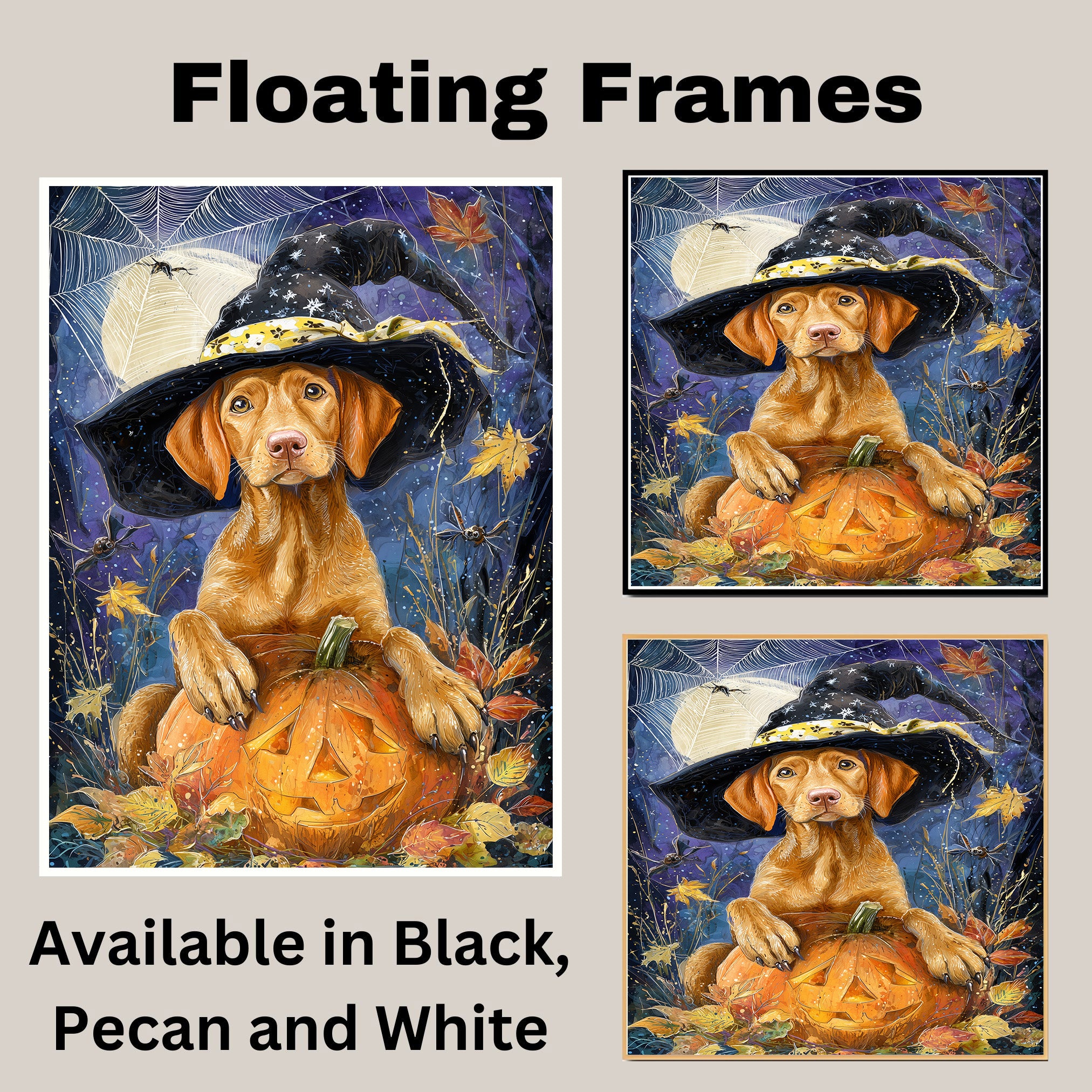 Vizsla Puppy Halloween Wall Art Witch Hat Pumpkin Autumn Night Décor for Yard Bat Moon Star Paintings on Ready to Hang 1.5" Thick Canvas Wrap, Floating Framed Canvas, Flat Rolled Canvas