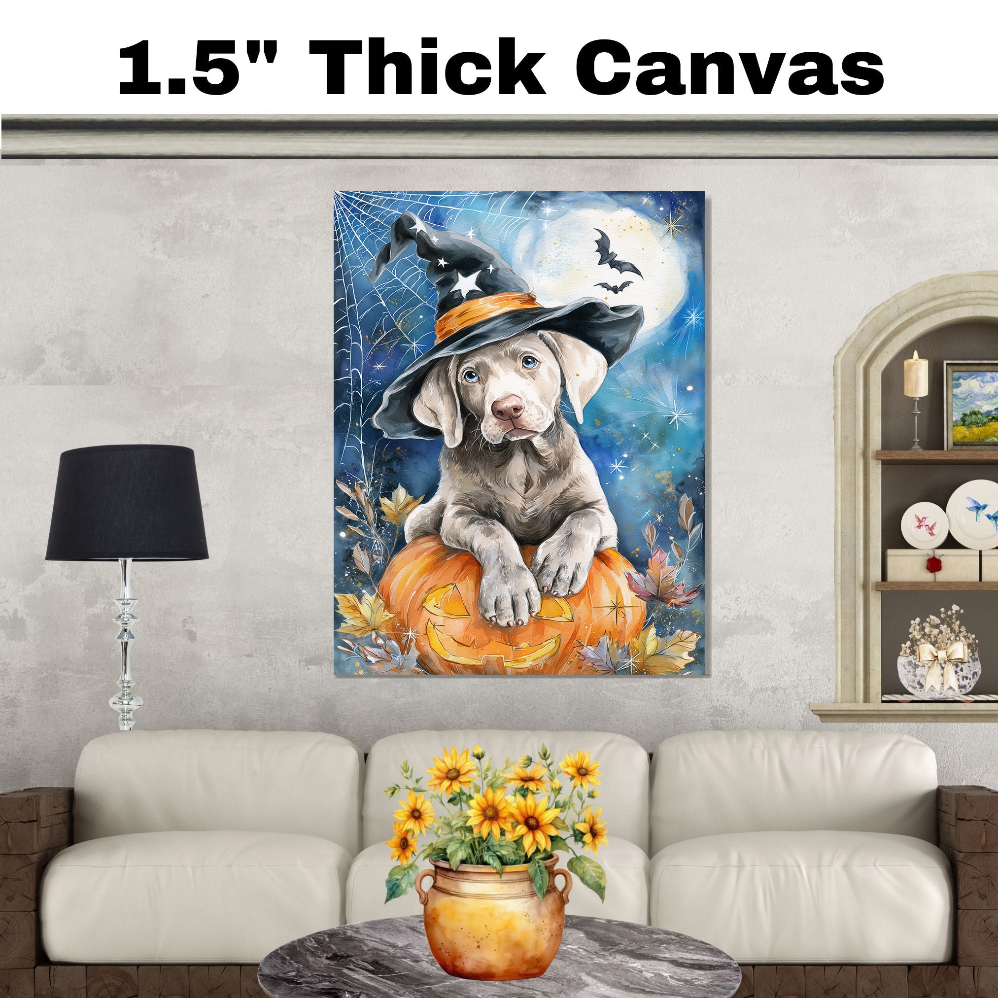 Weimaraner Puppy Halloween Wall Art Witch Hat Pumpkin Lantern Wall Painting for Home Decor Dog Canvas on Ready to Hang 1.5" Thick Canvas Wrap, Floating Framed Canvas, Flat Rolled Canvas