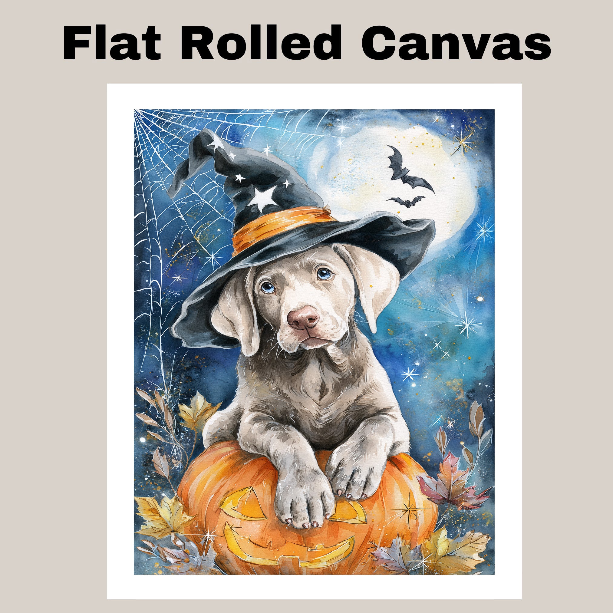 Weimaraner Puppy Halloween Wall Art Witch Hat Pumpkin Lantern Wall Painting for Home Decor Dog Canvas on Ready to Hang 1.5" Thick Canvas Wrap, Floating Framed Canvas, Flat Rolled Canvas