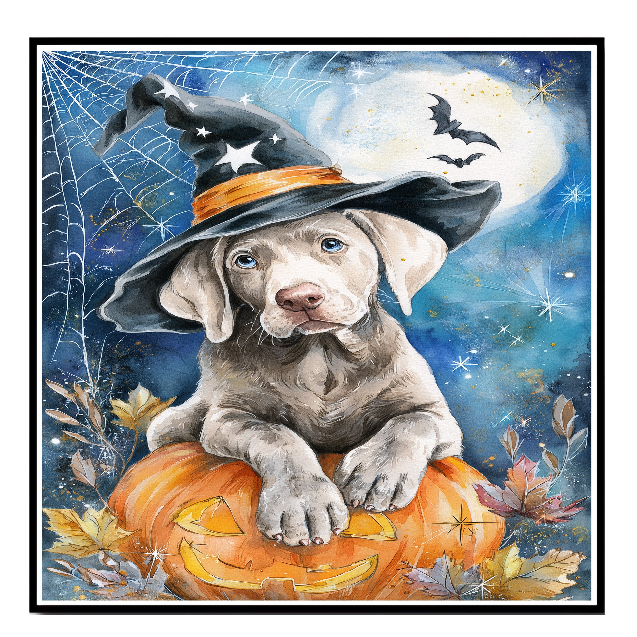 Weimaraner Puppy Halloween Wall Art Witch Hat Pumpkin Lantern Wall Painting for Home Decor Dog Canvas on Ready to Hang 1.5" Thick Canvas Wrap, Floating Framed Canvas, Flat Rolled Canvas