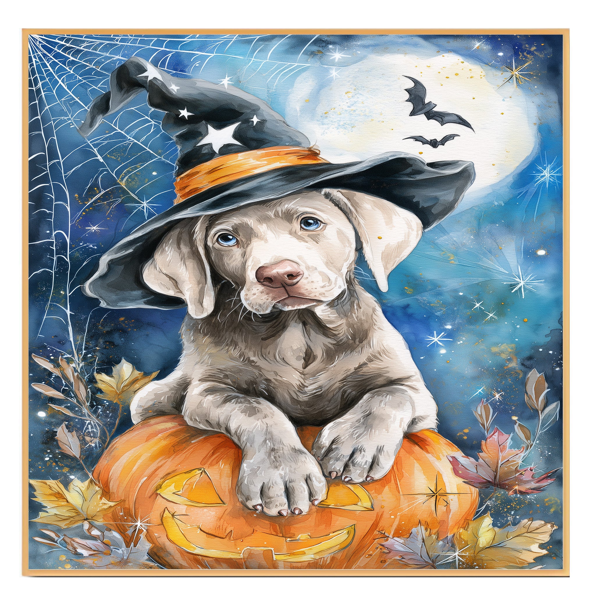 Weimaraner Puppy Halloween Wall Art Witch Hat Pumpkin Lantern Wall Painting for Home Decor Dog Canvas on Ready to Hang 1.5" Thick Canvas Wrap, Floating Framed Canvas, Flat Rolled Canvas