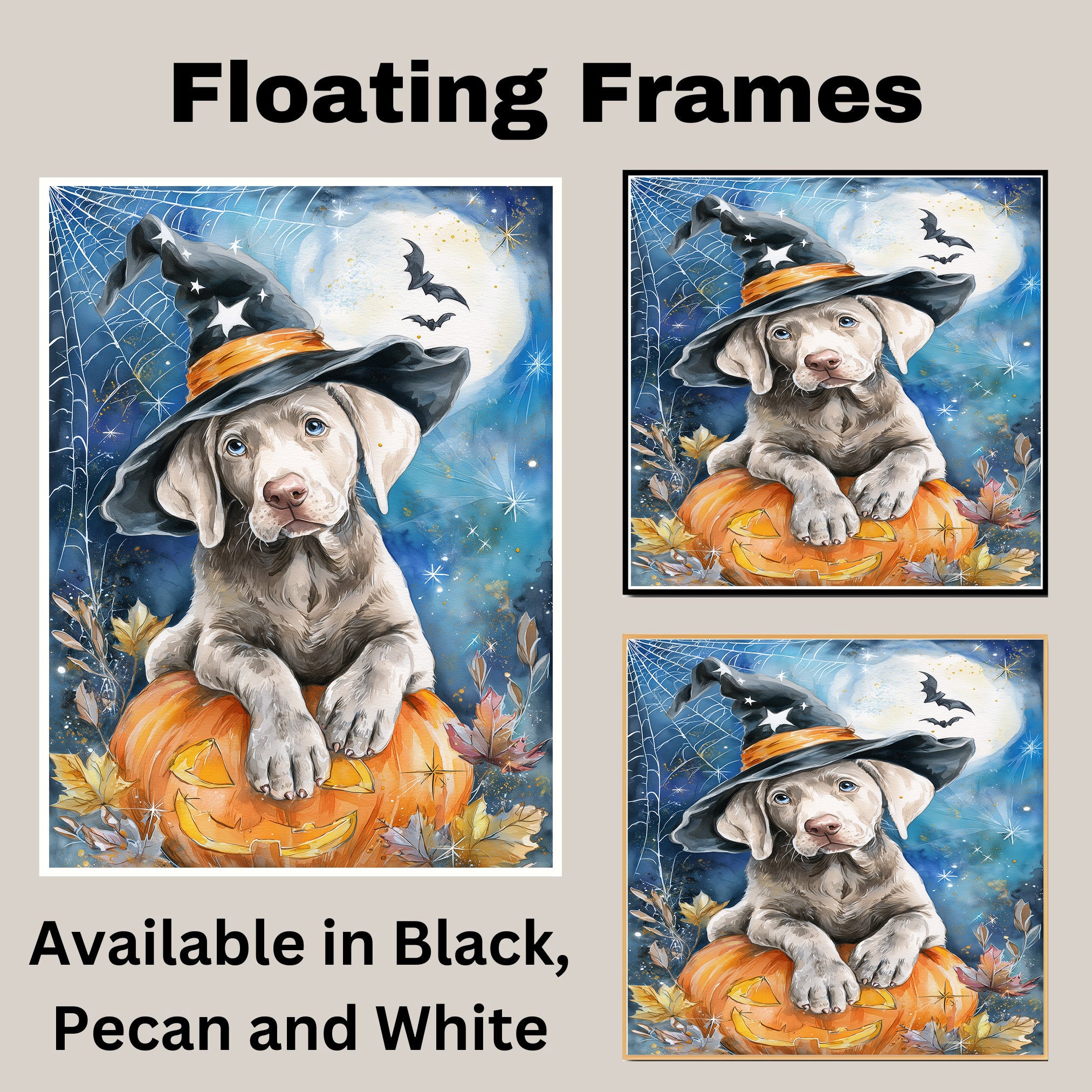 Weimaraner Puppy Halloween Wall Art Witch Hat Pumpkin Lantern Wall Painting for Home Decor Dog Canvas on Ready to Hang 1.5" Thick Canvas Wrap, Floating Framed Canvas, Flat Rolled Canvas